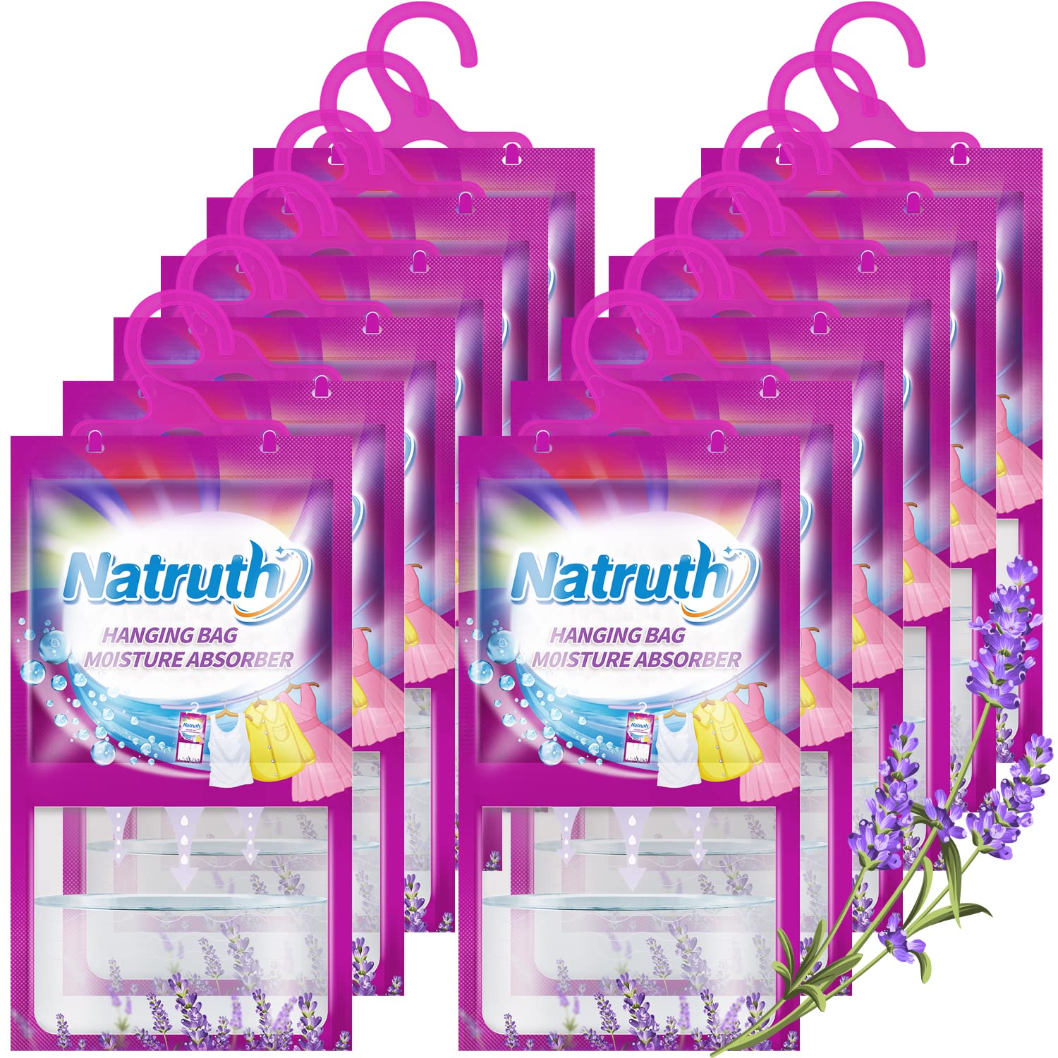 NATRUTH 12-Pack Lavender Scented Moisture Absorber Bags - Dehumidifier & Odor Eliminator for Closet, Wardrobe, Kitchen & Bathroom - Hanging Desiccant Bags for Humidity Control in Home & Storage Spaces