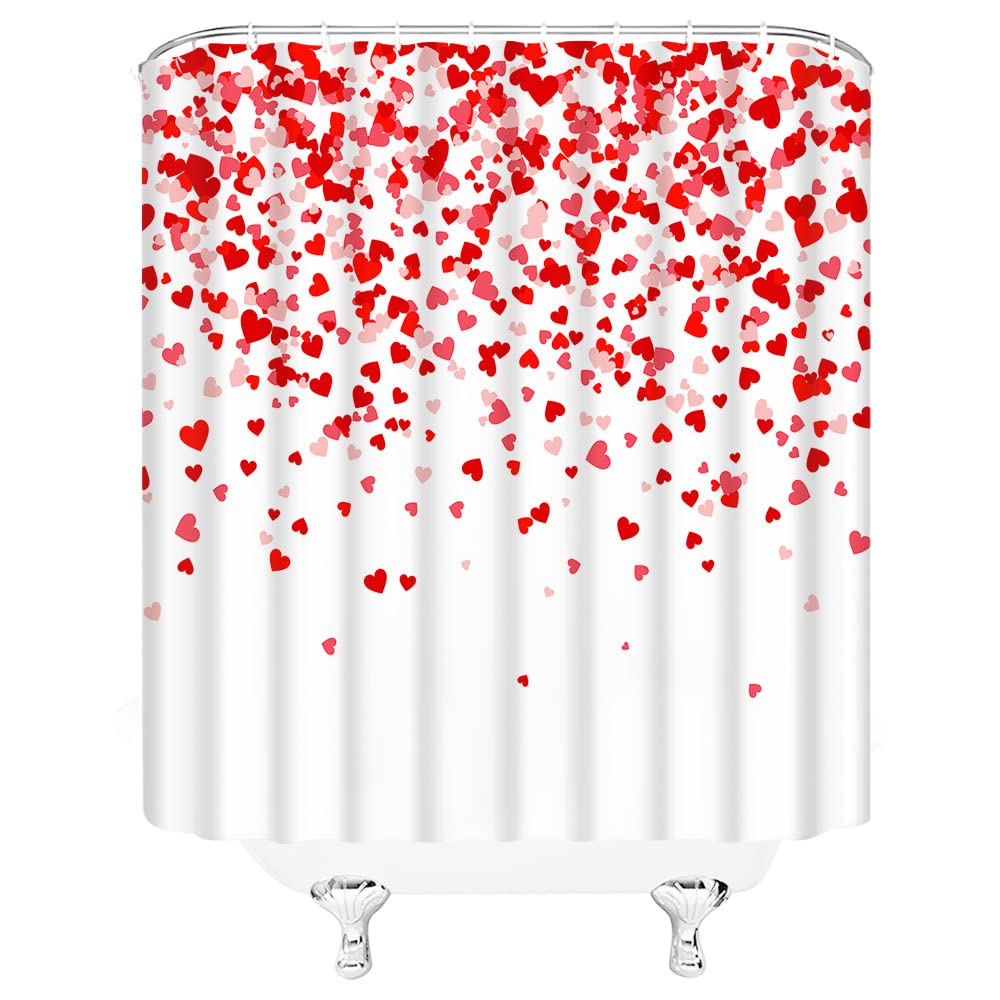 Valentine's Day Shower Curtain - Red Heart Falling Design for Romantic Couples, Sweet Love Bathroom Decor with Hooks (Red & Pink) | Perfect for Anniversary Gifts, Wedding Showers & Couples' Bathroom Decor