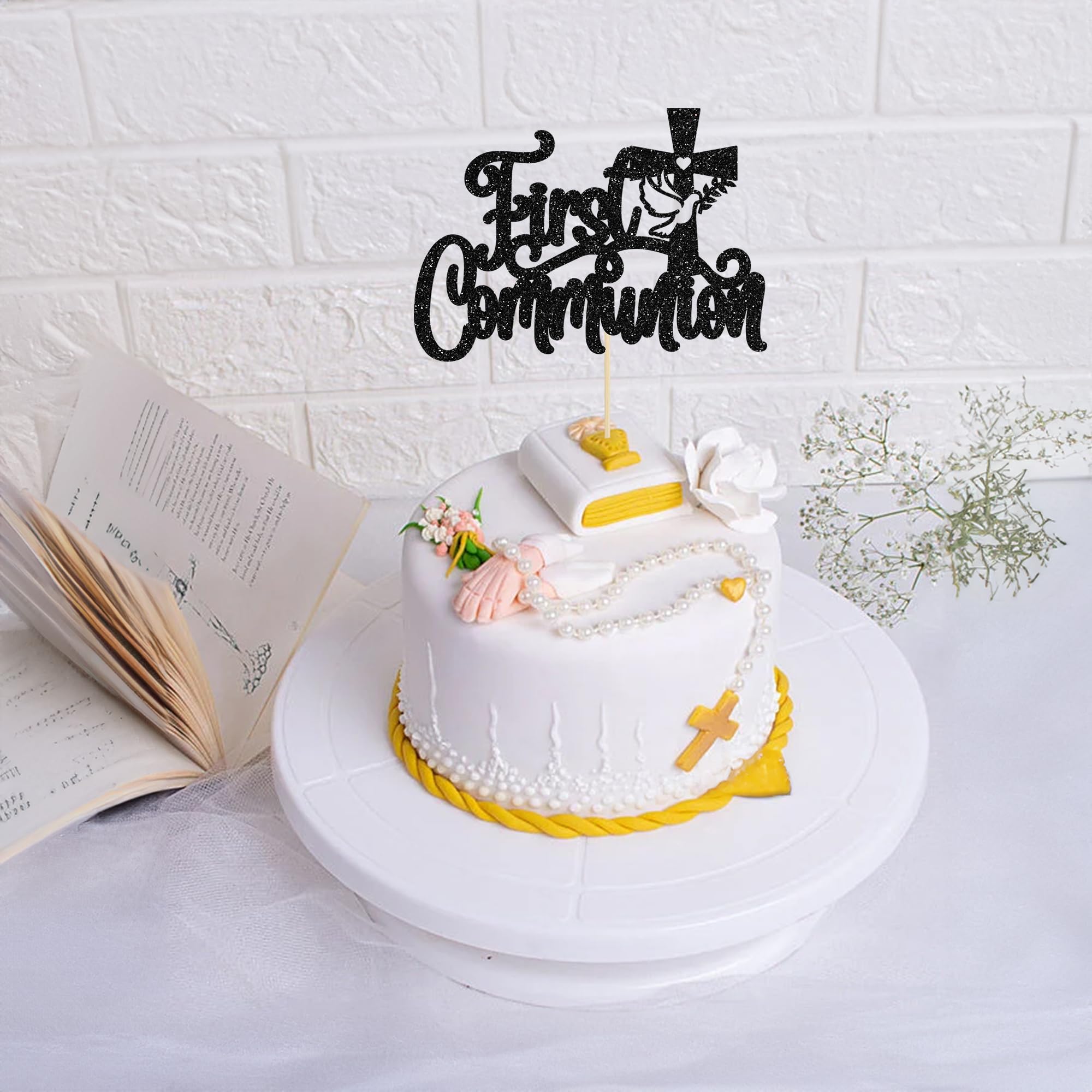 1Pcs Black Glitter First Communion Cake Topper - God Bless Cake Decoration for Kids | Religious Party, Baptism, Confirmation & Wedding Celebrations