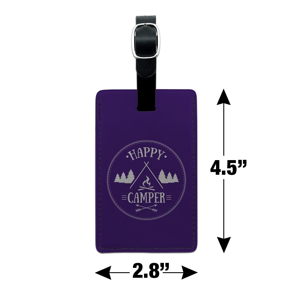Happy Camper Rectangle Leather Luggage Tag - Personalized Carry-On ID Tag for Travel Bags - Perfect for Suitcases, Backpacks & Camping Gear (Campfire Design)