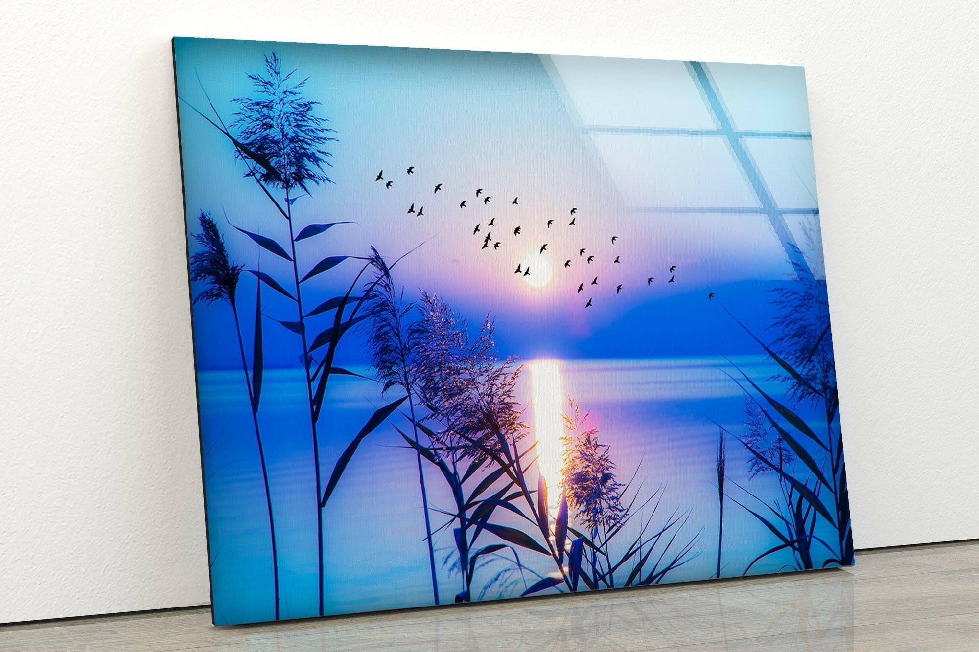 Blue Sunrise On Lake Glass Wall Art - Stunning Handmade Glass Painting for Home & Office Decor - Perfect for Living Room, Bedroom, or Office Wall Decoration