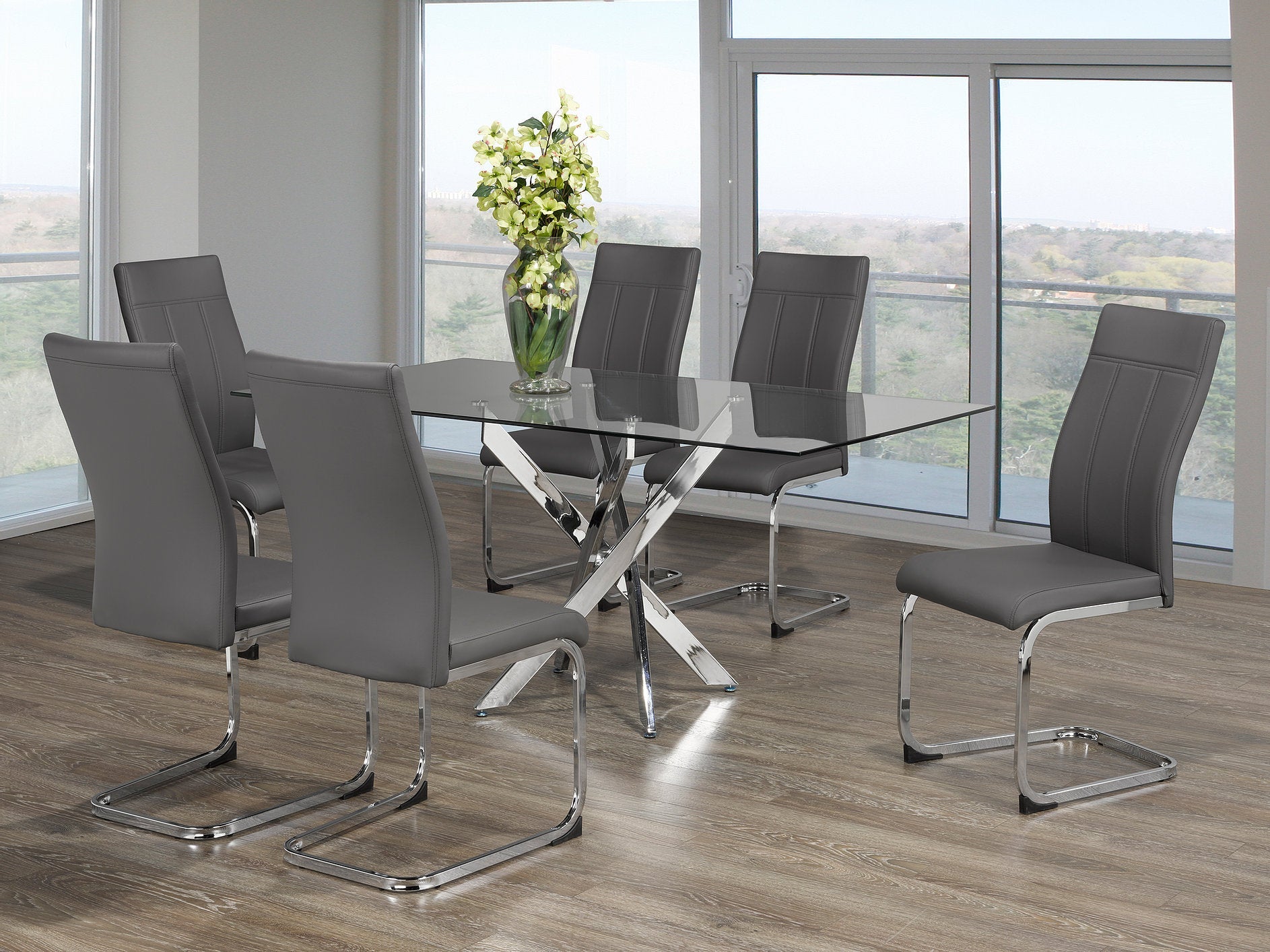 7-Piece Modern Glass Dining Table Set with Swivel Chrome Legs & Gray PU Upholstered Chairs - Perfect for Small Spaces, Kitchen Nooks & Contemporary Dining Rooms