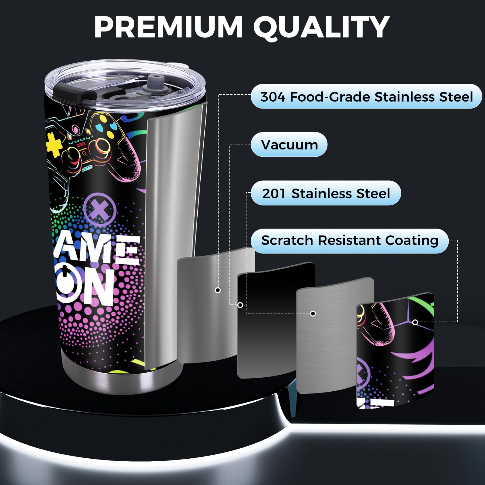 20oz Insulated Stainless Steel Gaming Tumbler with Handle & Lid - Leakproof Travel Mug for Gamers, Men, Women & Teens - Perfect Gift for Birthday, Valentine's Day - Great for Gaming Sessions, Office Use & Outdoor Activities