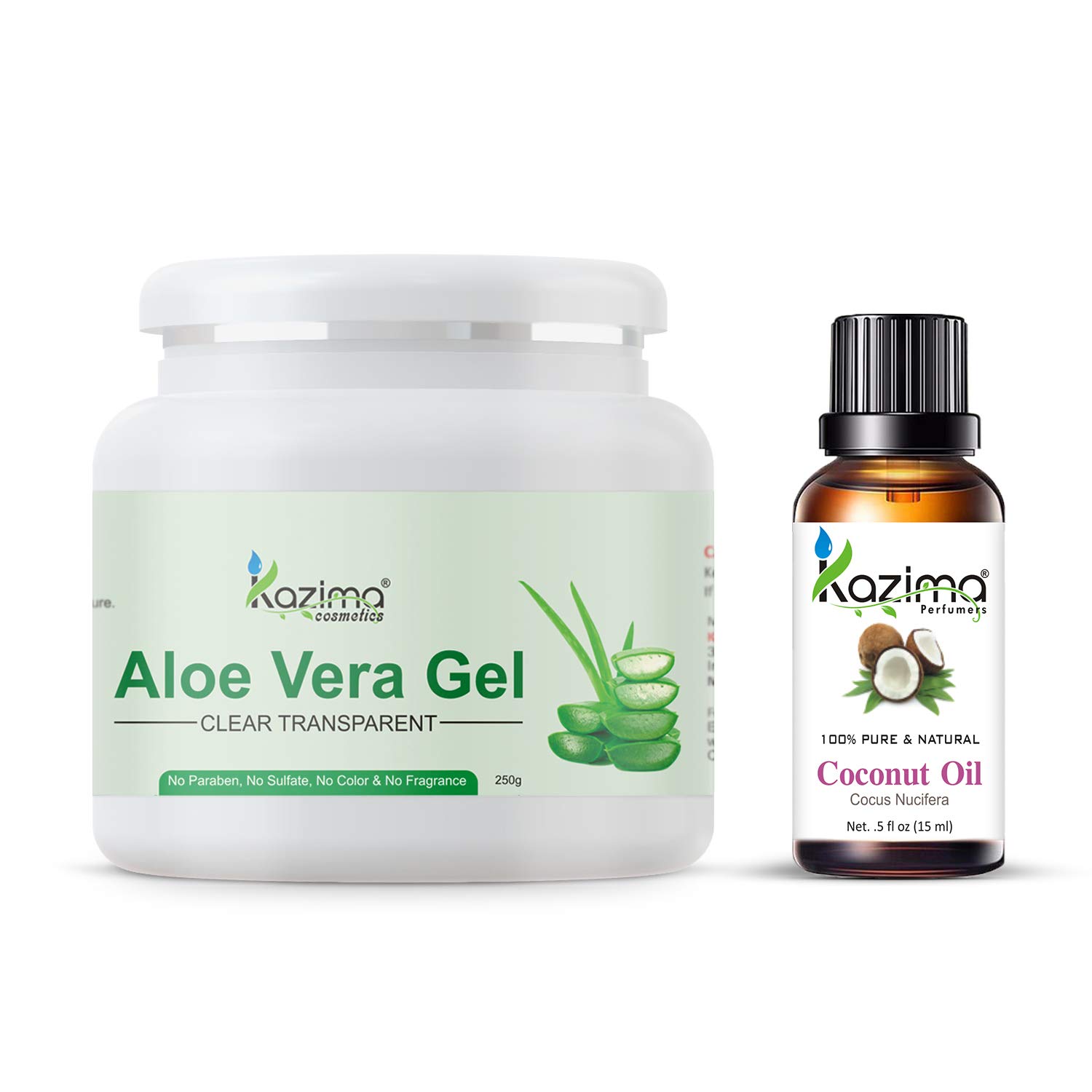 KAZIMA 100% Pure Natural Aloe Vera Gel (250g) & Coconut Oil (15ml) Combo Pack - Hair Growth Treatment, Skin Moisturizer for Dry Face & Damaged Hair - Perfect for DIY Beauty, Sunburn Relief & Daily Skincare Routine