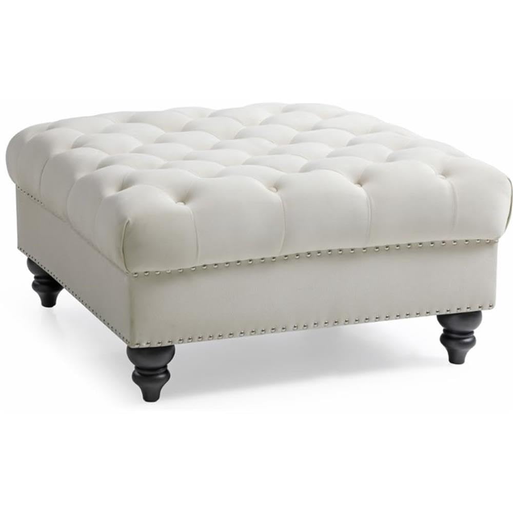 Nola Velvet Ottoman in Ivory - Luxurious Footrest & Storage Bench for Living Room, Bedroom, or Nursery | Glory Furniture