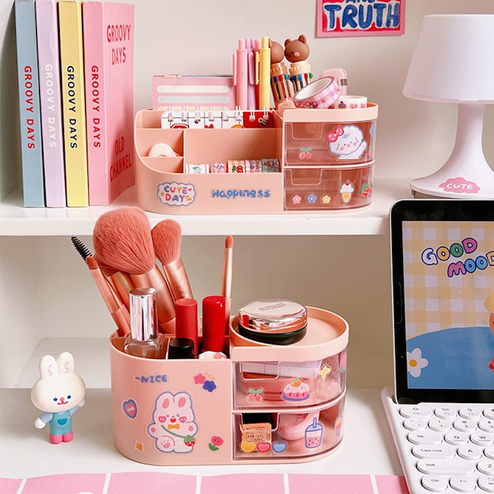Cute Pink Kawaii Desk Organizer with Drawers & Stickers - 7.1x3.6x3.6 Inches School Stationery Storage for Teen Girls - Perfect for Dorm Room, Bedroom & Makeup Organization | DIY Fun Accessories for Home & Office