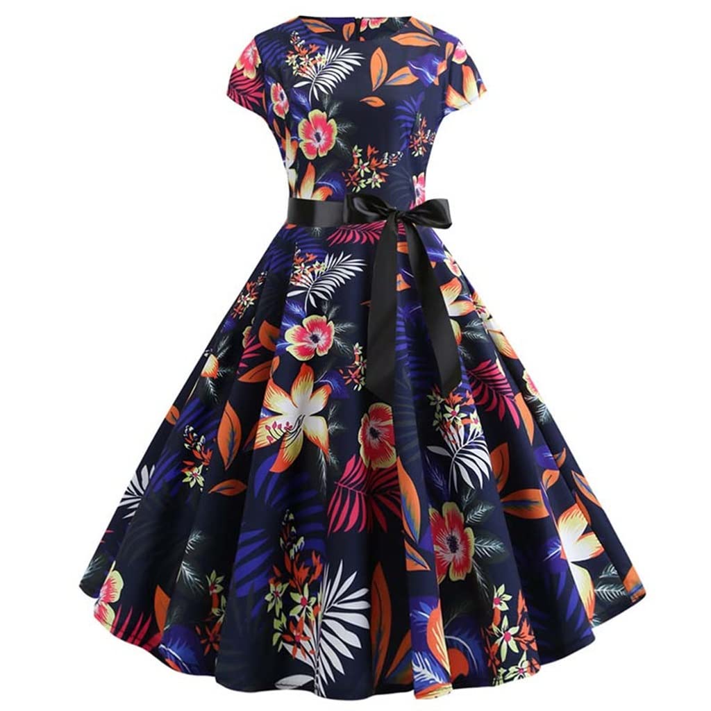 LEIGE Plus Size Vintage Floral Print Casual Dress - Women's Summer Swing Rockabilly Beach Dress | Perfect for Outdoor Parties, Vacations & Retro Style (Color: A, Size: L)