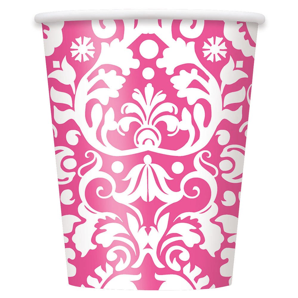 9oz Pink Damask Disposable Paper Cups - 8 Pack Elegant Party Cups for Coffee, Tea & Beverages - Perfect for Weddings, Bridal Showers & Birthday Parties