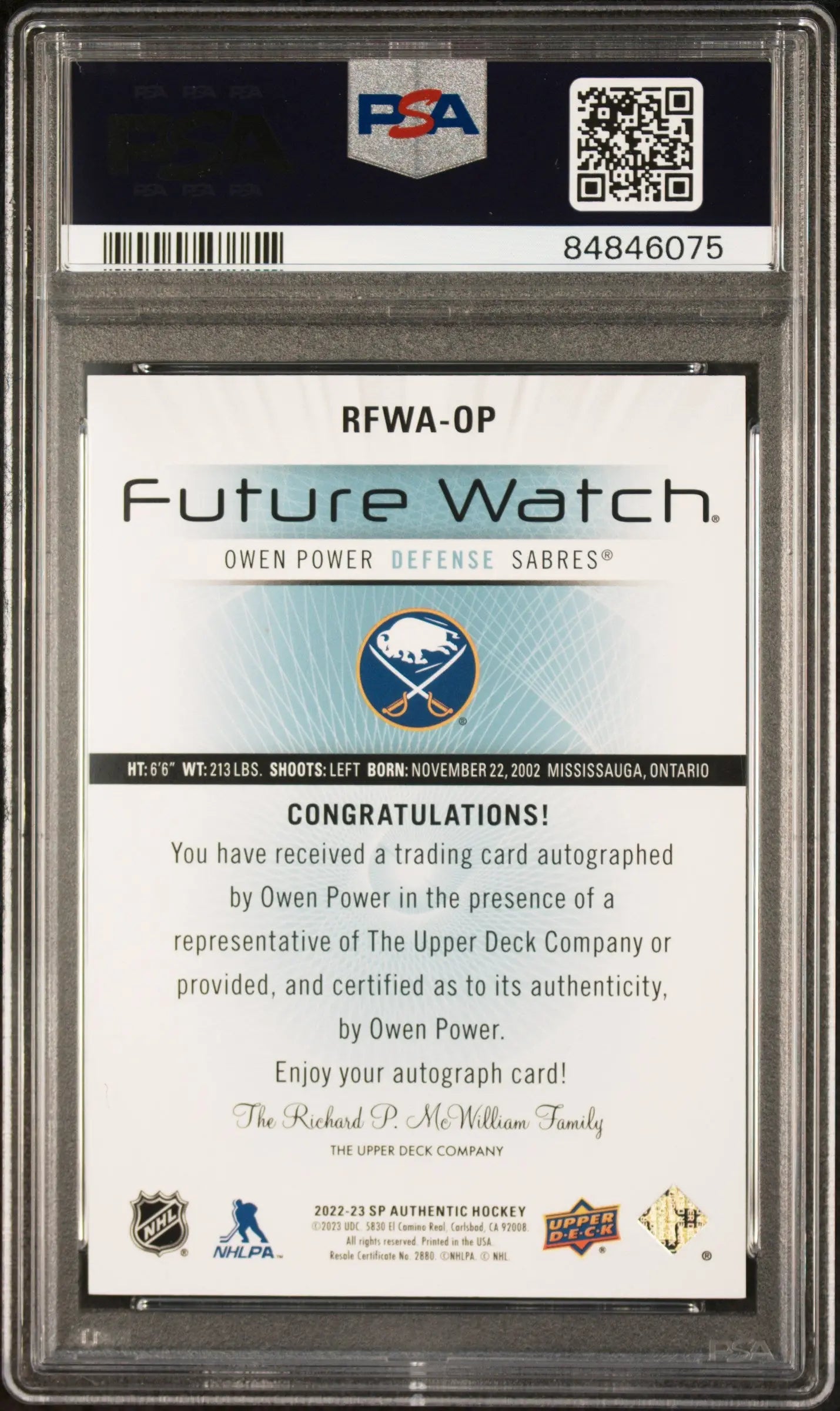 2022 Upper Deck SP Authentic Owen Power '12 Retro Future Watch Auto PSA 10 /199 Hockey Rookie Card - Perfect for Collectors, Investors & Hockey Fans - Display in Home Office, Man Cave or Sports Memorabilia Collection