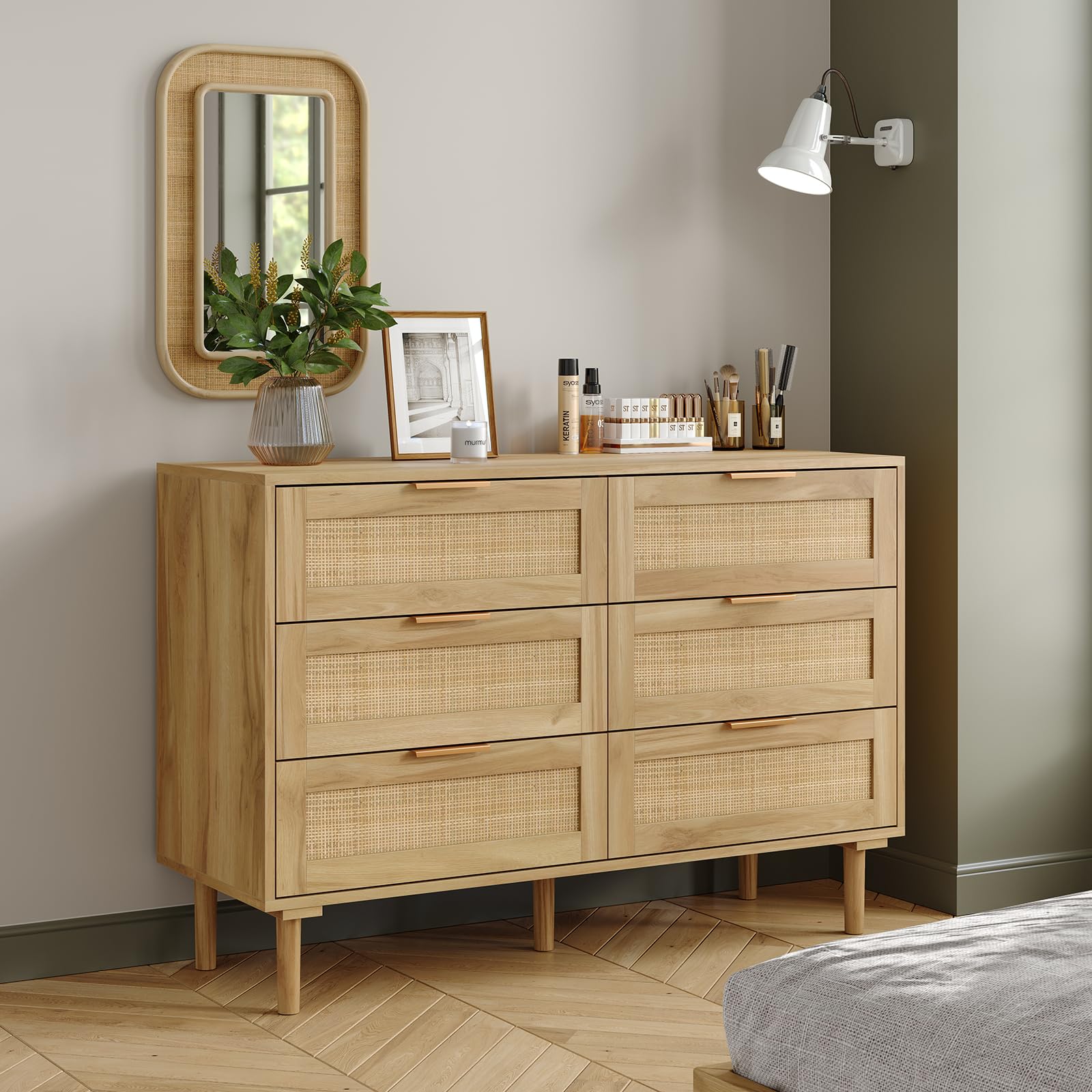 Furniouse 6-Drawer Rattan Dresser - Solid Wood Legs & Natural Woven Rattan Drawers - Boho Bedroom Dresser & Modern Chest of Drawers for Bedroom, Living Room - Perfect for Storage, Organization & Home Decor