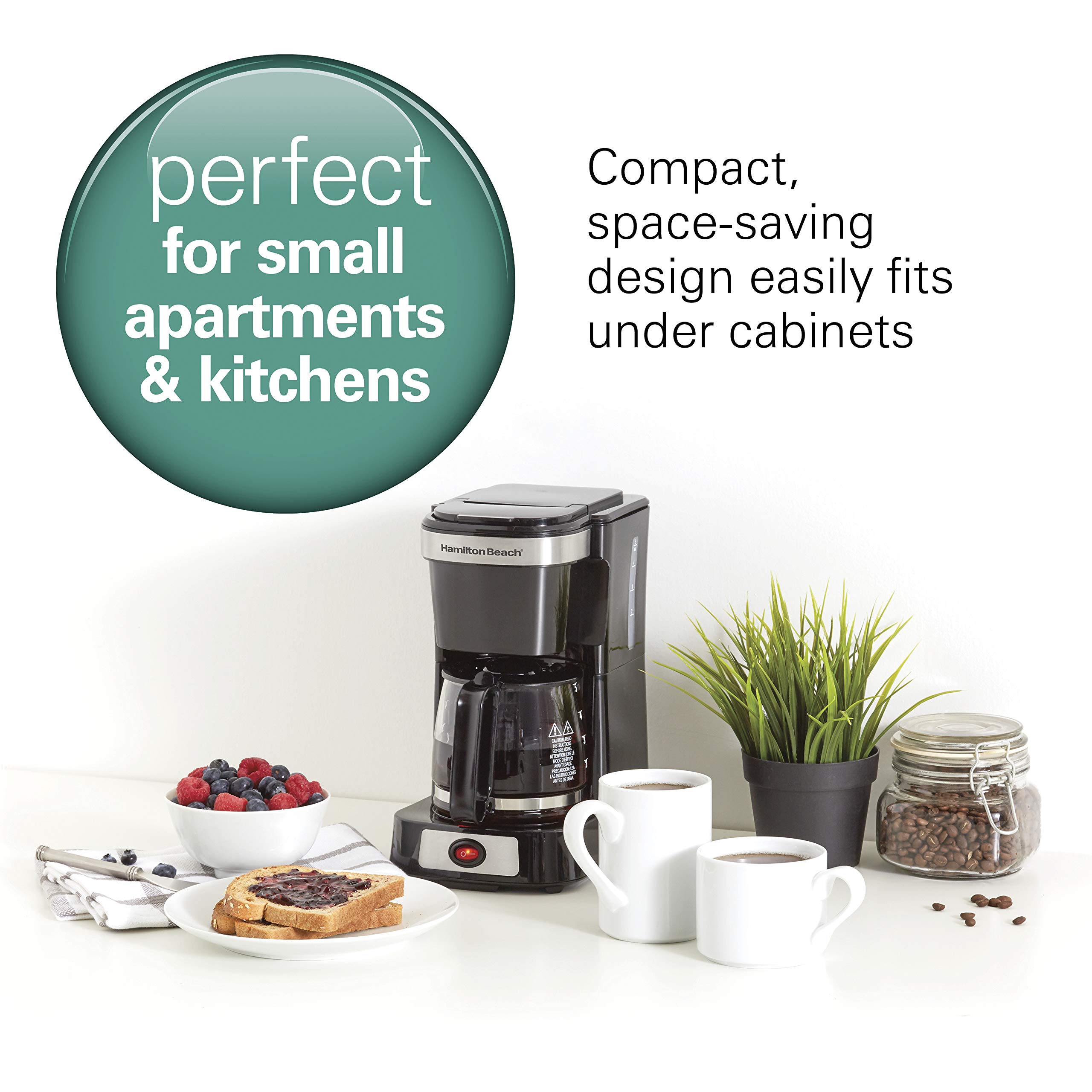 Hamilton Beach 5 Cup Compact Drip Coffee Maker with Glass Carafe - Auto Pause & Pour Feature, Smart Plug Compatible, Black & Stainless Steel (46110) - Perfect for Home, Office or Small Spaces