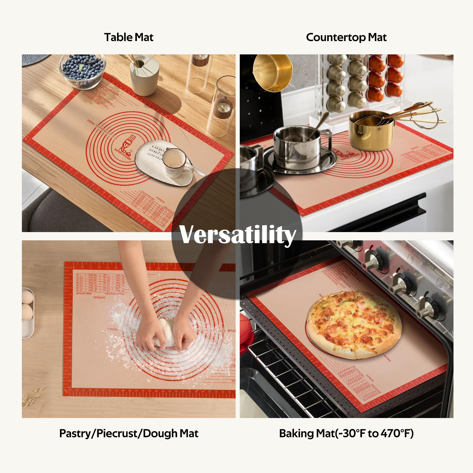 Non-Slip Extra Large Silicone Baking Mat 16''x26'' with Measurements - Heat Resistant Pastry Mat for Dough Rolling, Pie Crust, Fondant | Oven Liner & Counter Protector | Perfect for Baking, Cooking & Kitchen Prep - Folksy Super Kitchen Red