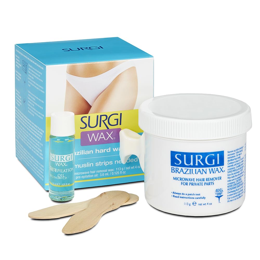 SURGI WAX Brazilian Hard Wax Kit 4oz - Professional Hair Removal Waxing Kit with Pre-Epilation Oil (82563) - At Home Bikini, Legs & Body Waxing for Smooth Skin
