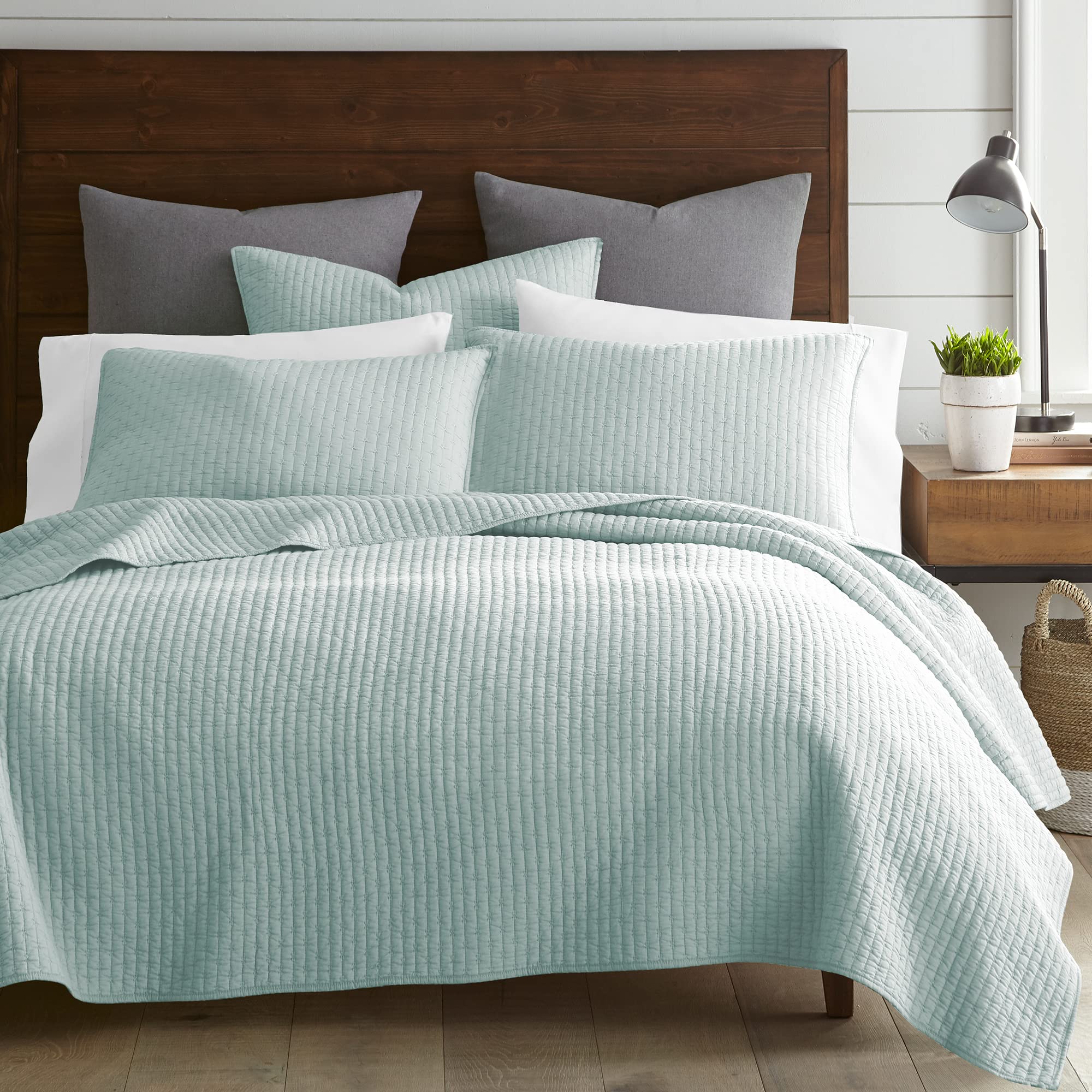 Levtex Home - 100% Cotton Reversible Cross Stitch Blue Haze Quilt Set - Full/Queen Size (88x92in) with 2 Standard Shams (26x20in) - Soft Breathable Bedding for Cozy Bedroom Decor