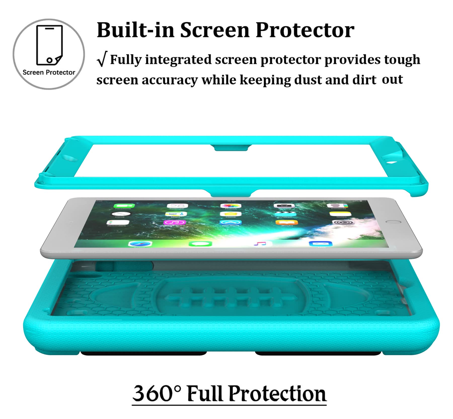 LTROP Shockproof Kids iPad Case for iPad 6th/5th Generation & Air 2 (9.7 Inch 2018/2017 Models) - Built-in Screen Protector, Handle Stand - Teal Blue | Perfect for Home Learning, Travel & Playtime Protection