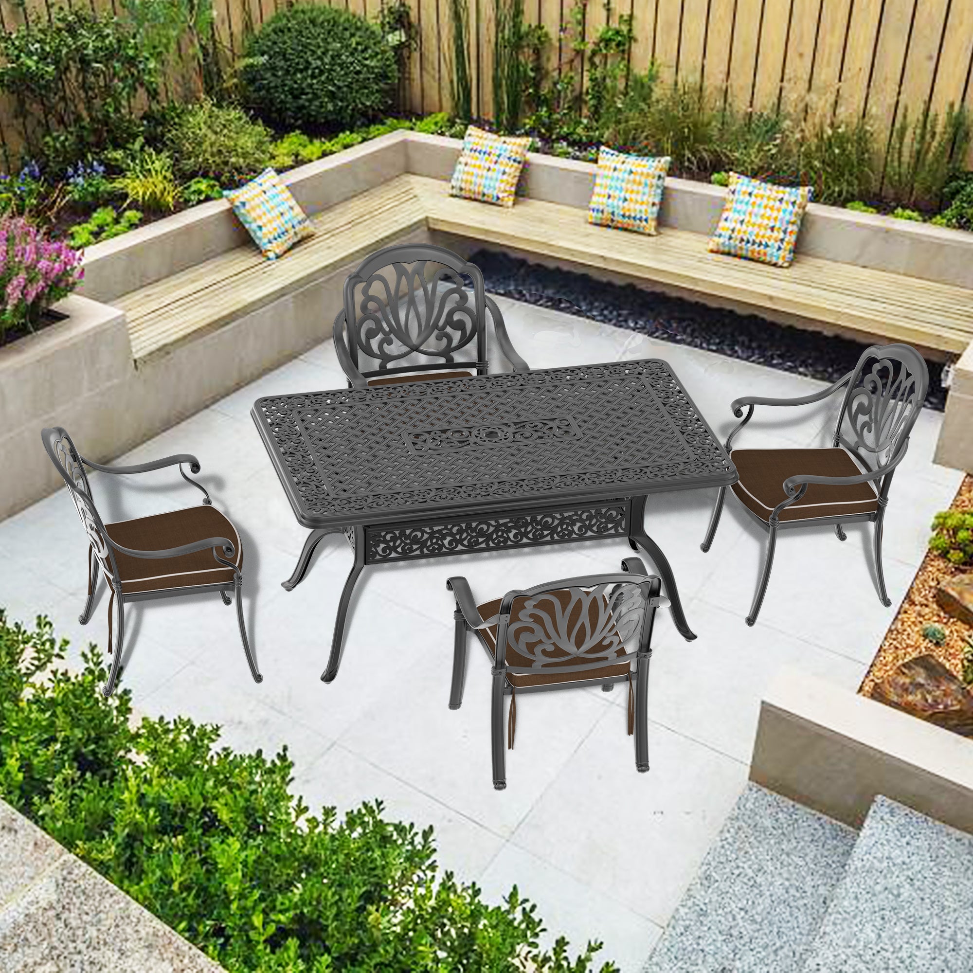 5-Piece Cast Aluminum Patio Furniture Set with Cushions (Random Colors) - Durable Outdoor Seating for Garden, Poolside & Backyard Relaxation