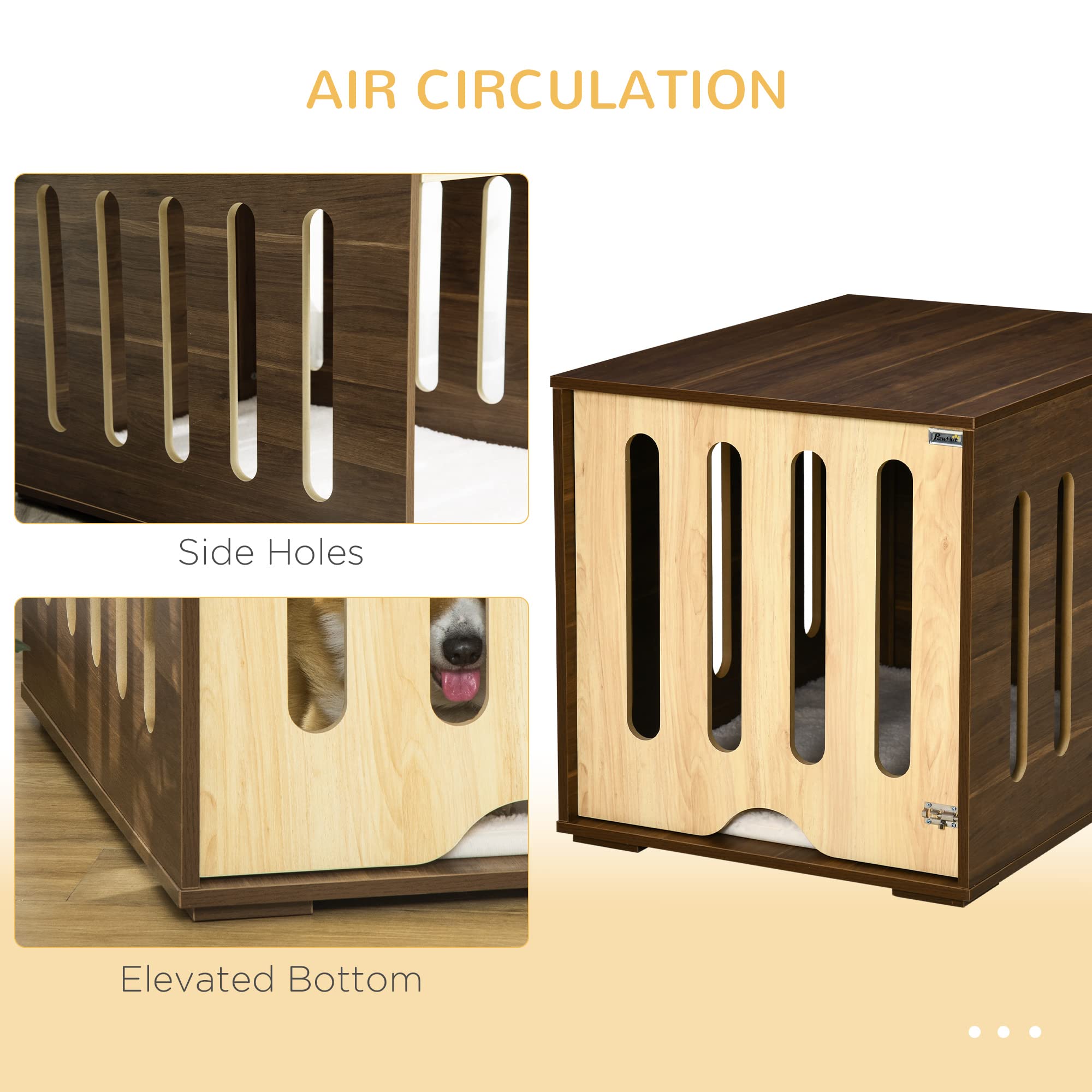 PawHut Stylish Wooden Dog Crate End Table with Removable Door & Foam Cushion - Safety Lock Pet Kennel for Small Medium Dogs - Indoor Furniture for Living Room Bedroom - Brown    (Note: This optimized version improves SEO by including key search terms naturally, removes redundant information, organizes features clearly, and adds usage scenarios at the end)