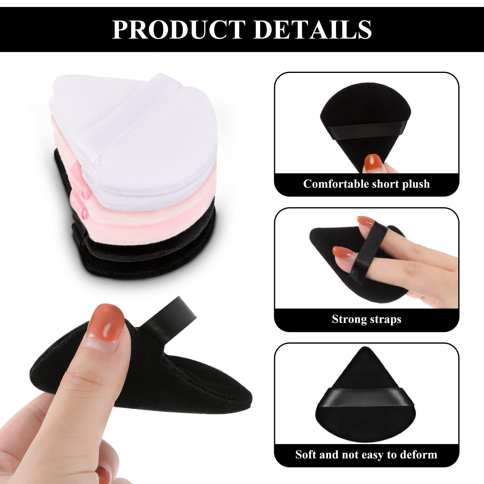 12-Piece Soft Triangle Powder Puff Set for Loose & Mineral Makeup - Black, White, Pink - Foundation Sponge for Wet/Dry Application - Perfect for Contouring, Baking & Setting Makeup