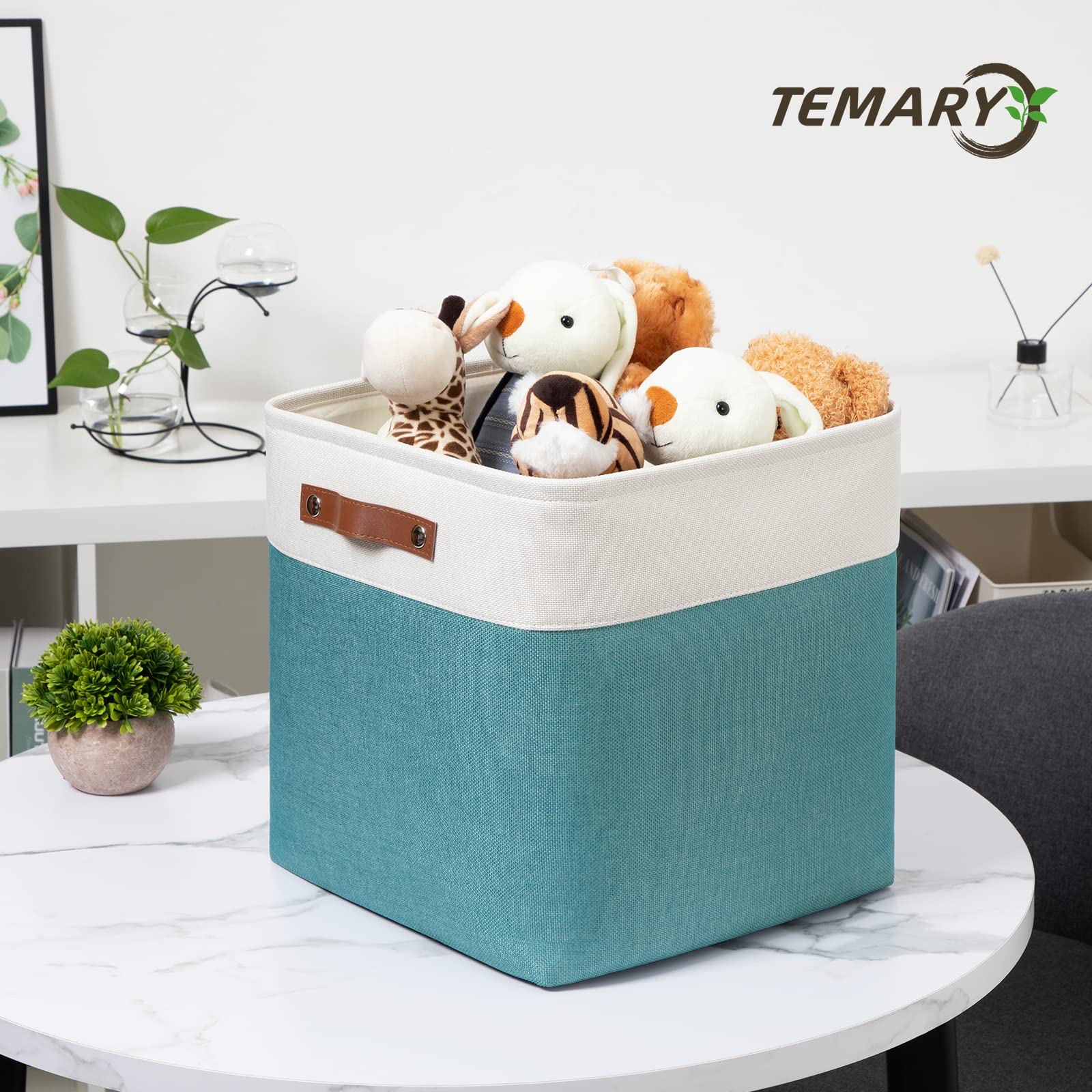 Temary 13x13 Inch Fabric Storage Cubes & Bins - 4-Pack Large Organizing Baskets with Handles for Clothes, Books, Toys - Perfect for Closet, Nursery, Office Organization (White & Teal)