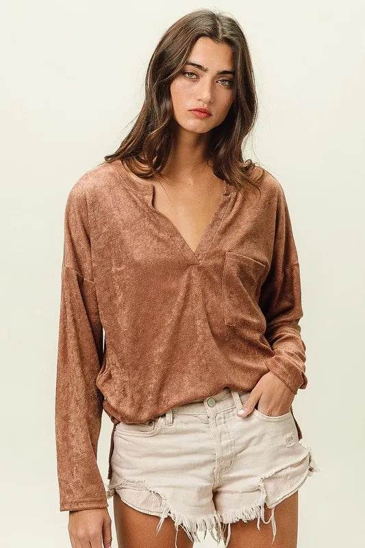 BiBi Loop Terry Solid V-Neck Pocket Top for Women - Soft Casual T-Shirt with Pocket - Perfect for Everyday Wear, Lounge, and Outings