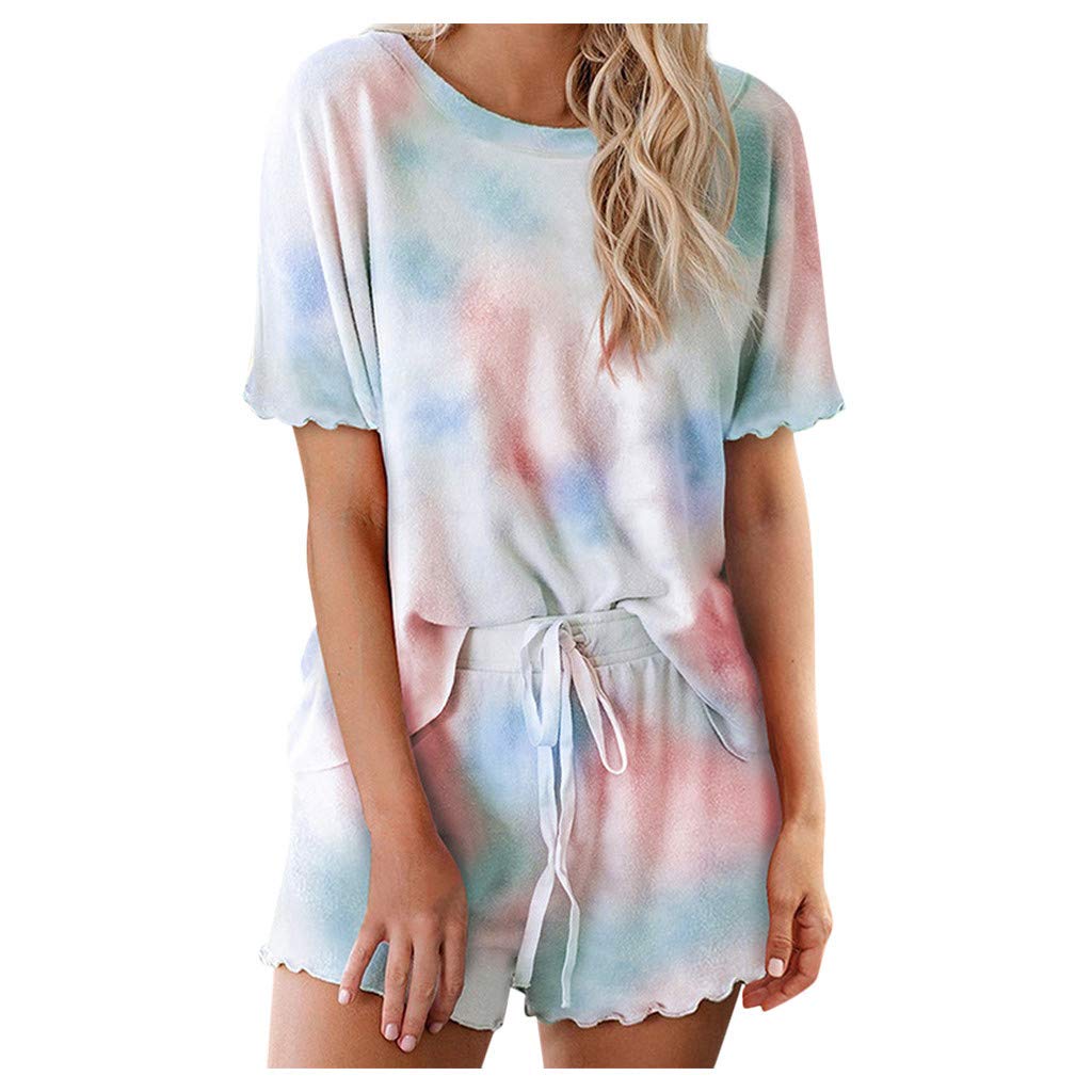 Women's Tie Dye Lounge Set - Short Sleeve Ruffle Pajama Set with Front Drawstring | Comfy Sleepwear & Nightwear for Relaxing at Home, Lounging or Sleepovers