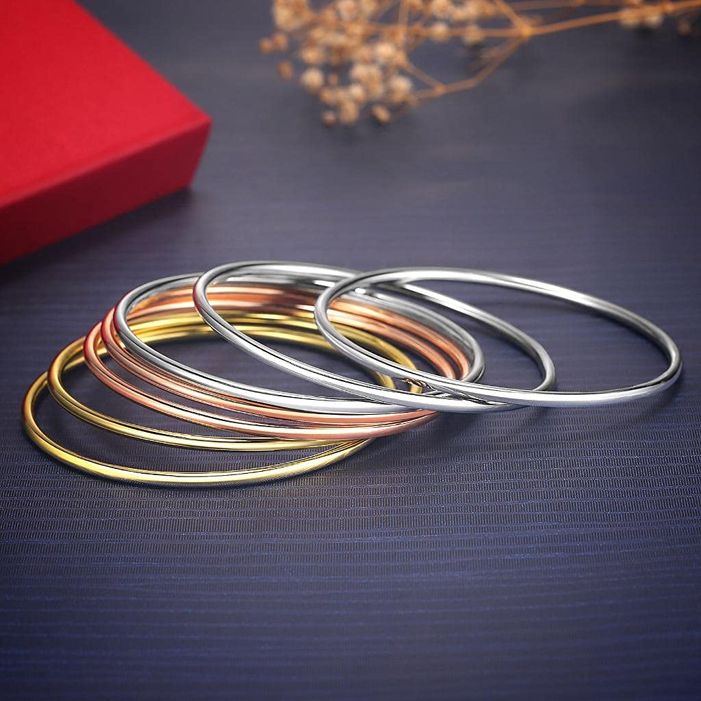 Castillna Tri-Color Stainless Steel Bangle Bracelets for Women - Silver, Gold & Rose Gold Thin Round Stackable Bracelet Set (7 Pieces) | Perfect Christmas, Birthday Gifts & Everyday Fashion Jewelry