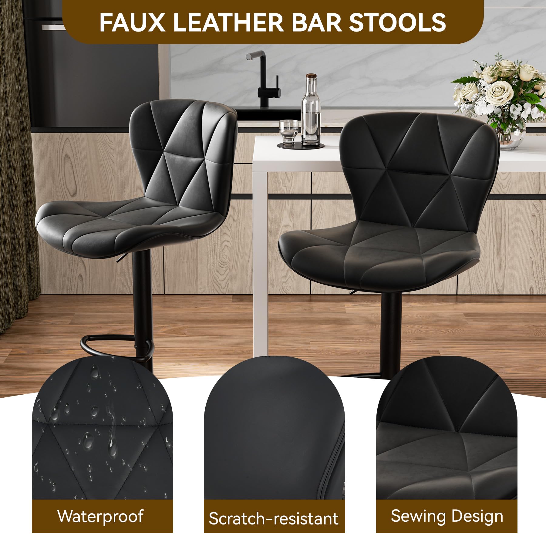 Modern Bar Stools Set of 2 - Adjustable Height Faux Leather Swivel Counter Stools with Back Support for Kitchen Island, Dining Bar & Home Decor - Black