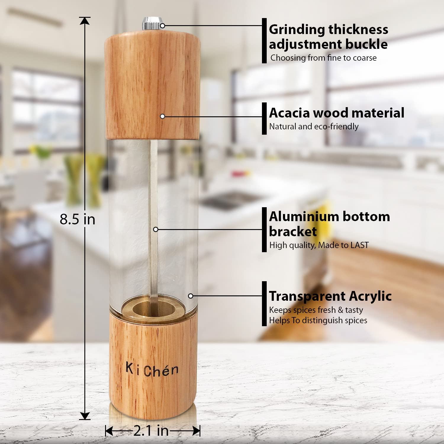 Premium Wooden Salt and Pepper Grinder Set - Manual Adjustable Refillable Spice Mill with Large Capacity - Perfect for Kitchen, Dining Table & Outdoor BBQ