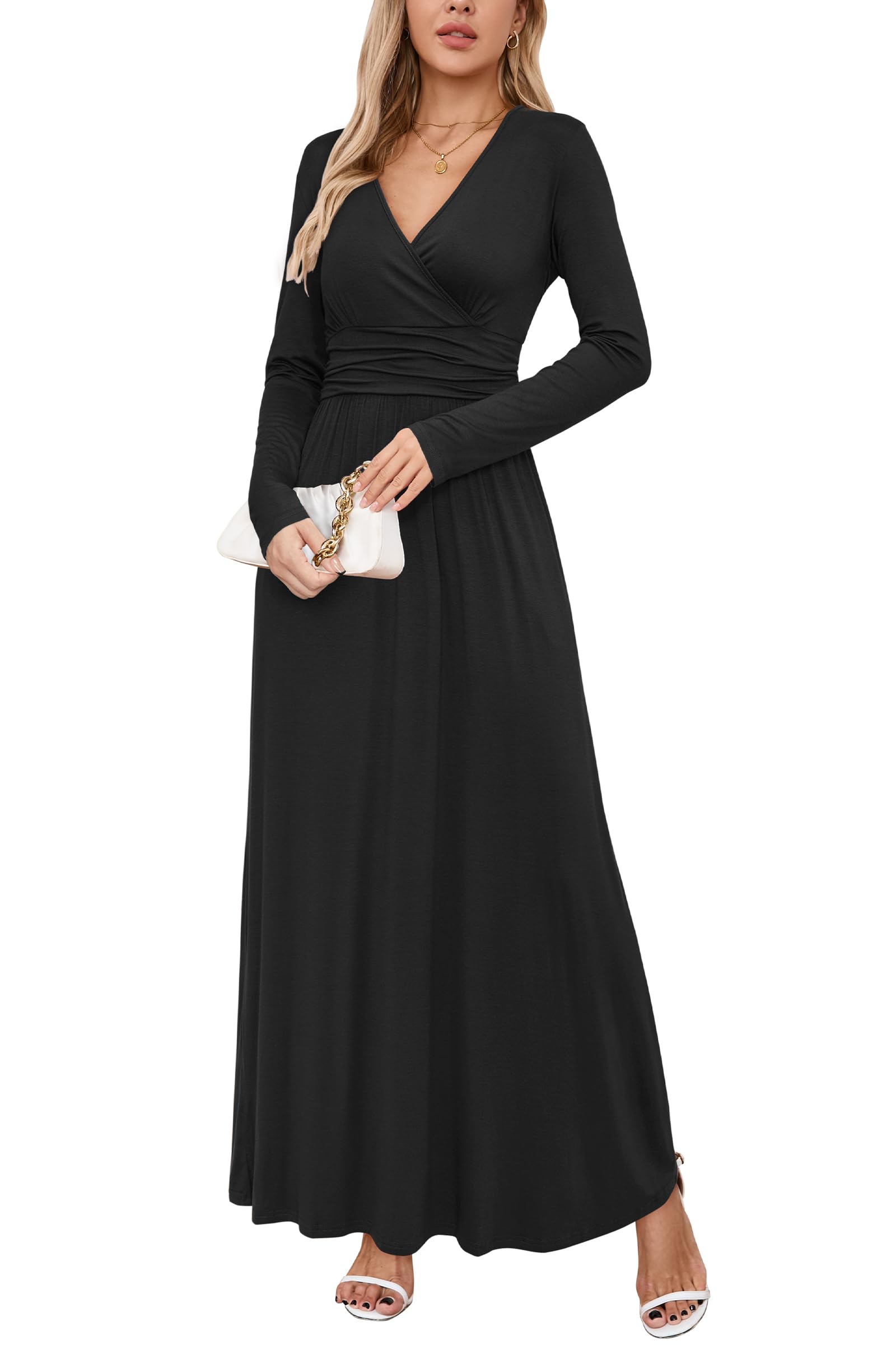 OUGES Women's Long & Short Sleeve V-Neck Wrap Waist Maxi Dress - Elegant Flowy Summer Beach Wedding Party Dress for Vacation & Date Night