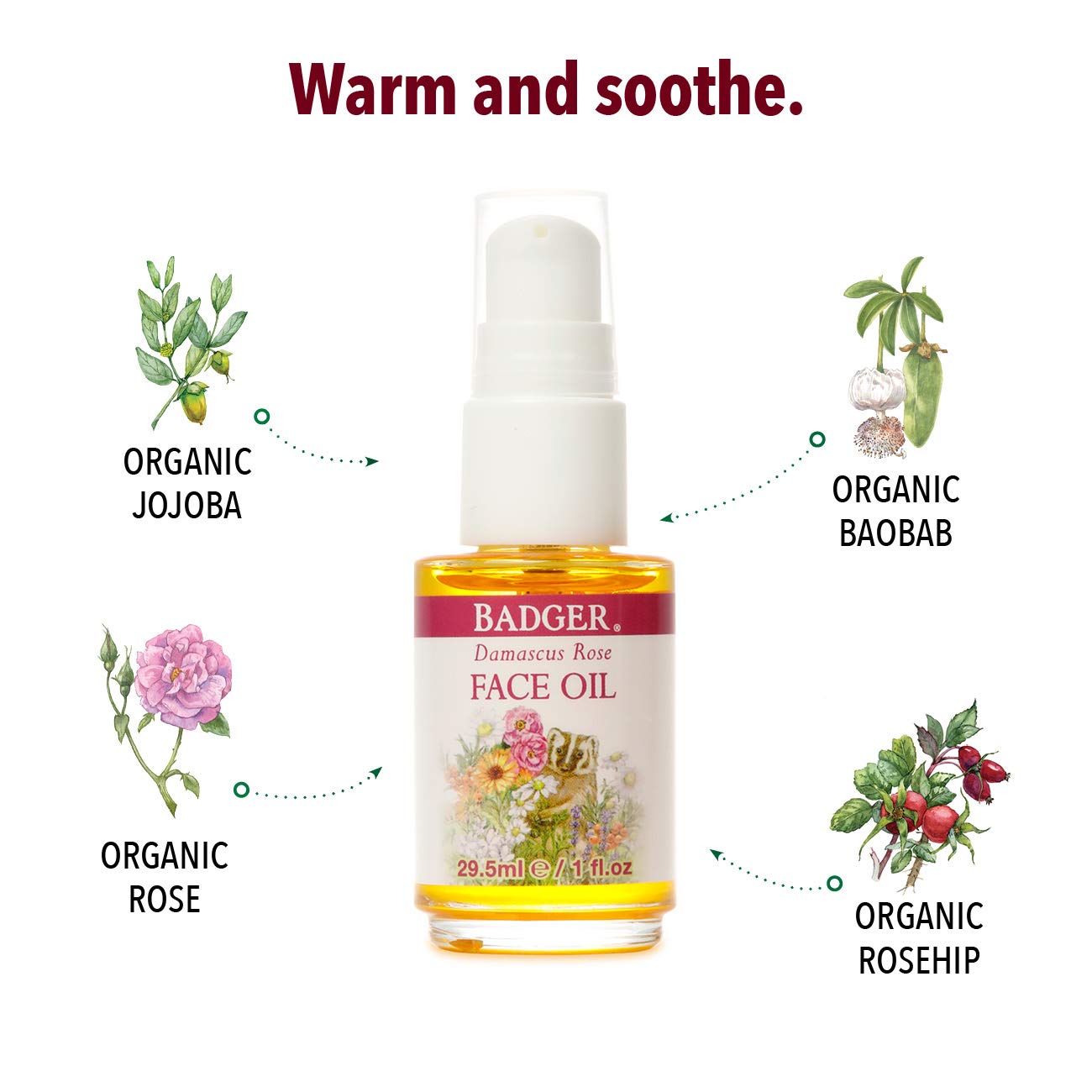 **Badger Rose Face Oil - 100% Organic Moisturizer with Jojoba & Rose Oil, Vegan Antioxidant-Rich Facial Oil for Dry & Sensitive Skin, 1 fl oz Glass Bottle - Perfect for Nighttime Hydration & Daily Skincare Routine**