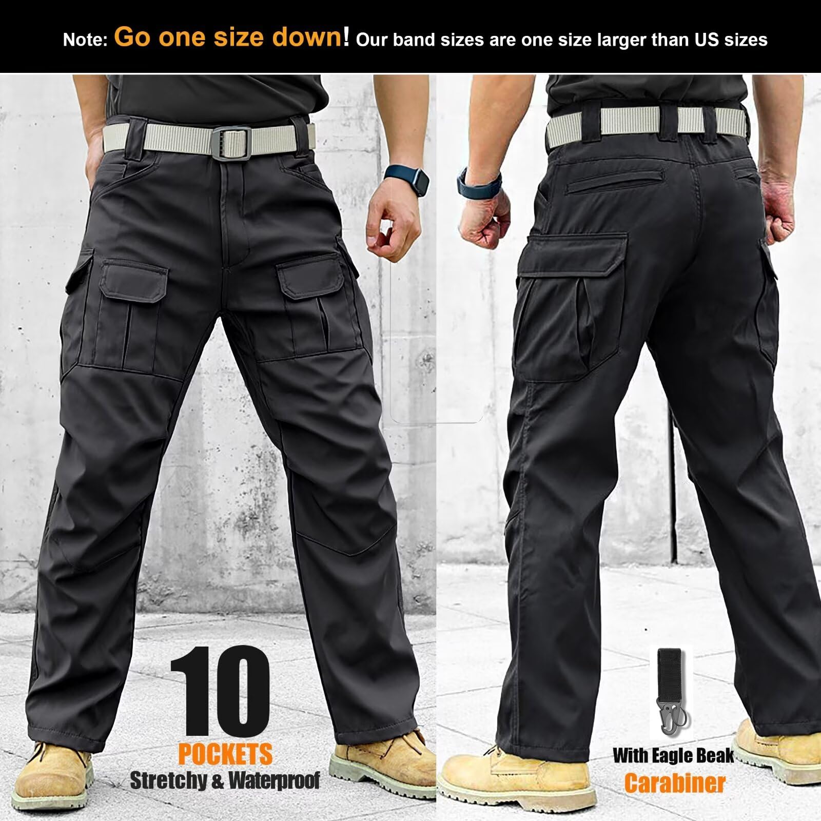 Men's 4-Way Stretch Tactical Cargo Work Pants - Waterproof Hiking Pants with 10 Pockets & Carabiner - Lightweight Outdoor Adventure, Hunting & Travel Pants