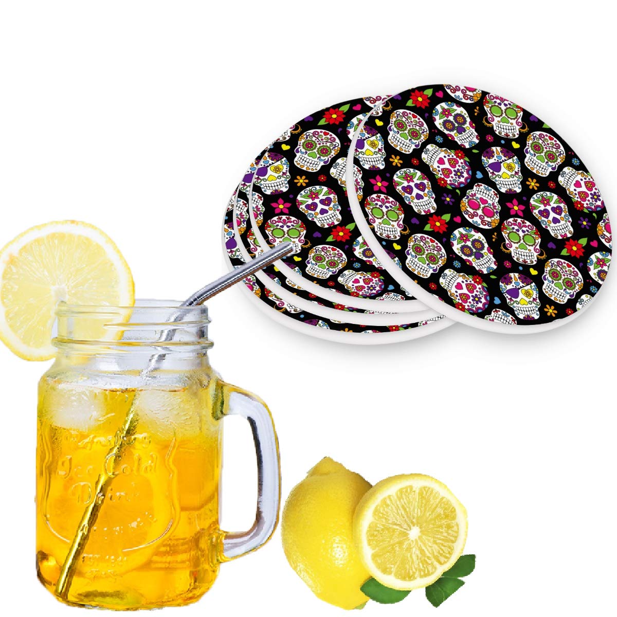 Halloween Sugar Skull Ceramic Coasters Set - Day of The Dead Themed Drink Coasters with Cork Base - Heat Resistant Cup Holders for Coffee, Wine & Beverages - Perfect for Dia de Los Muertos Decor & Party Supplies