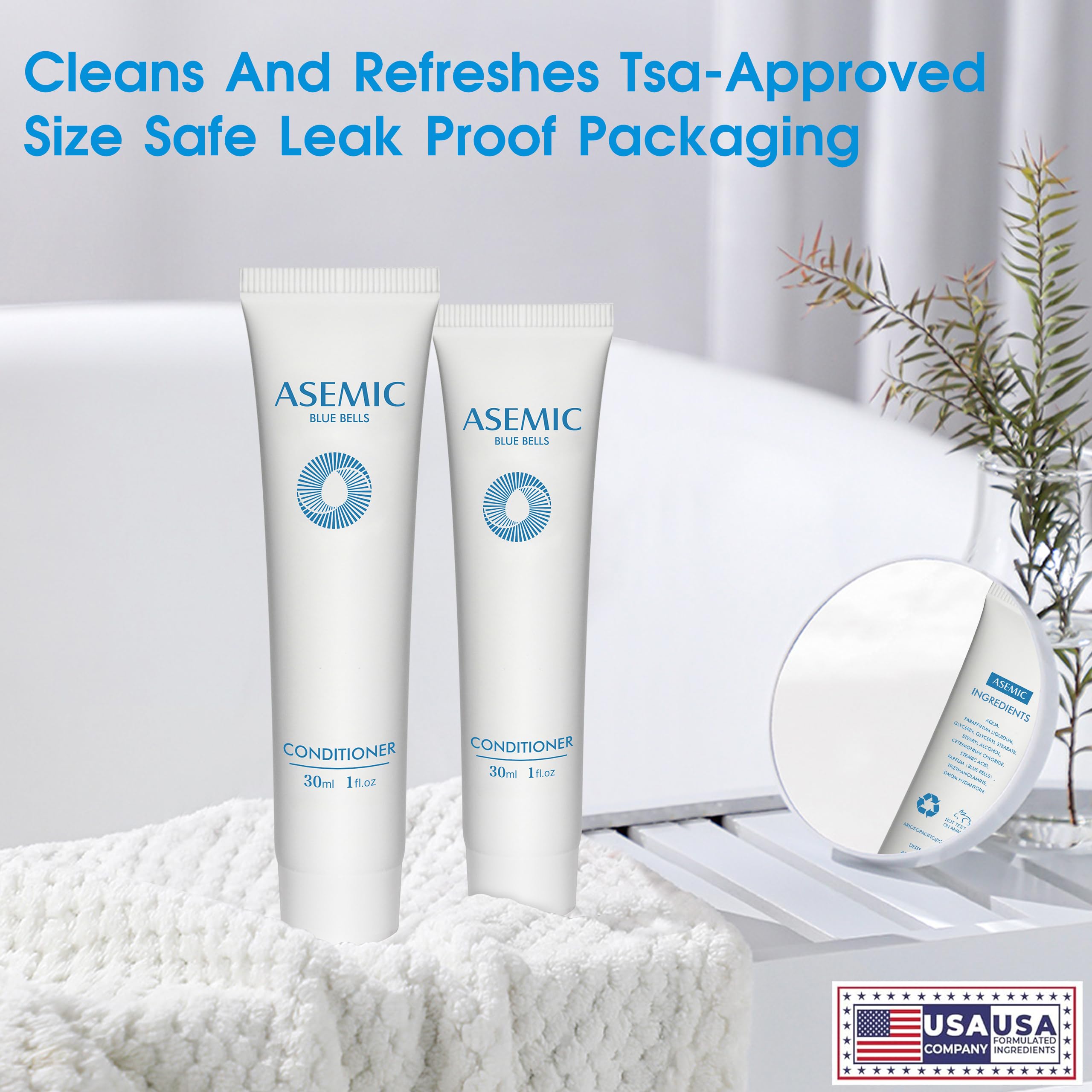 ASEMIC Mini Travel Size Conditioner (100 Pack, 1 fl oz) - Bulk Toiletries for Hotels & Hospitality - Refreshing Blue Bell Scent - Perfect for Travel, Gym, Hotels & Guest Amenities