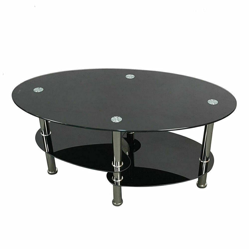 Modern Black Glass Oval Coffee Table with Chrome Base - Stylish Side Shelf & Lift Top Design for Living Room, Lounge, or Office - Durable & Elegant Home Decor Furniture