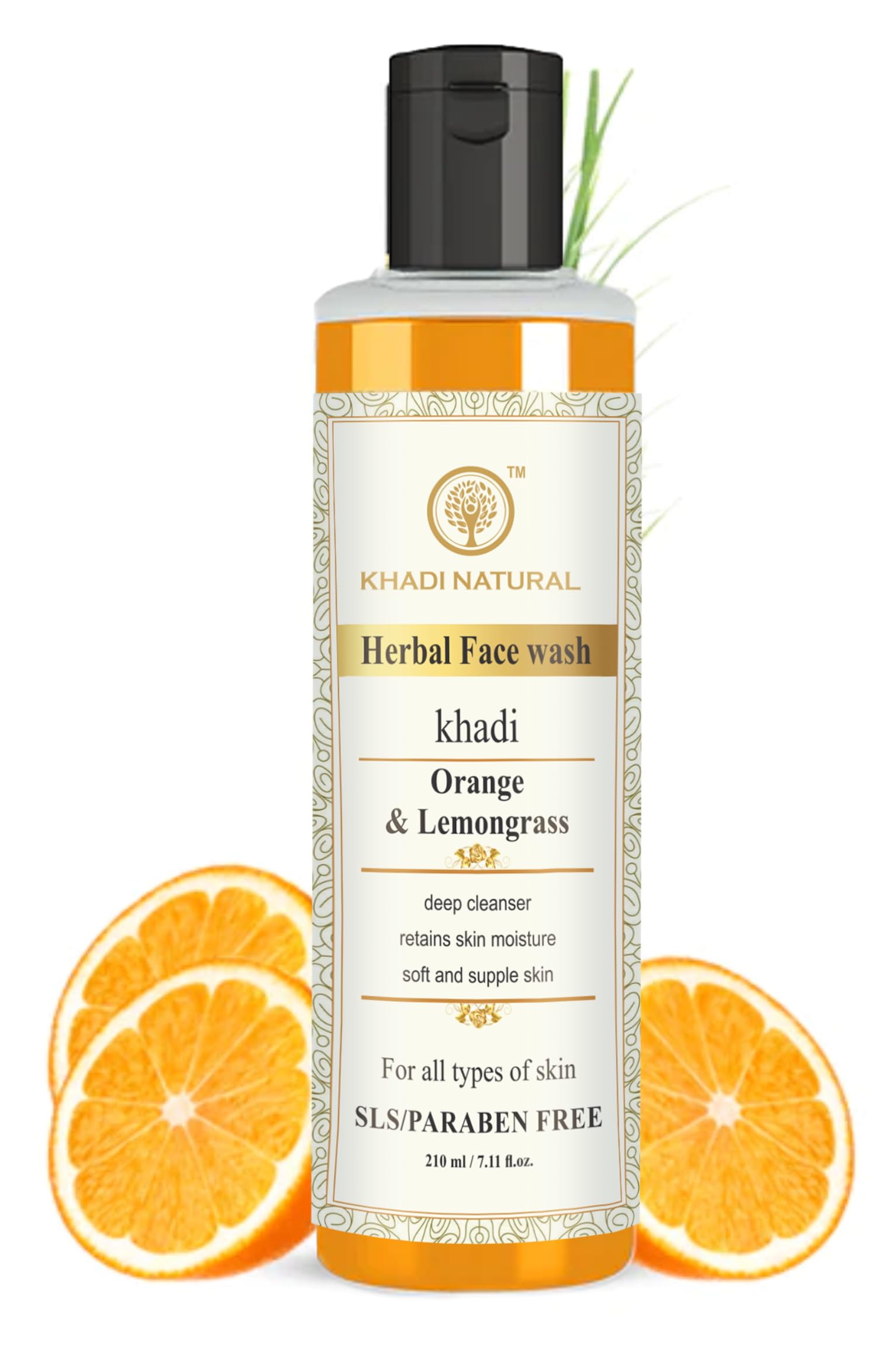 Khadi Natural Orange & Lemongrass Herbal Face Wash for Dry Skin | Organic & Paraben-Free Cleanser | 210ml | Gentle Daily Facial Cleansing for Healthy Glowing Skin | Perfect for Morning & Night Skincare Routine