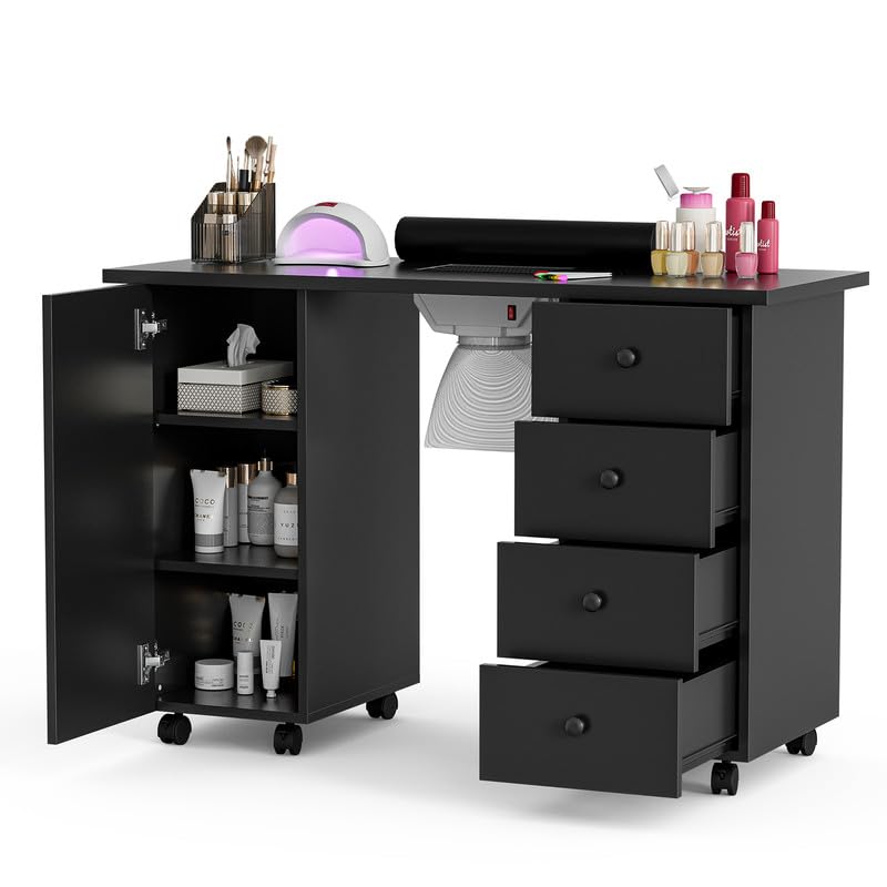 Yotefe Professional Nail Tech Desk - Acetone-Resistant Manicure Table with Storage Drawers & Cabinet, Black - Perfect for Salon, Home Nail Studio & Beauty Workstation