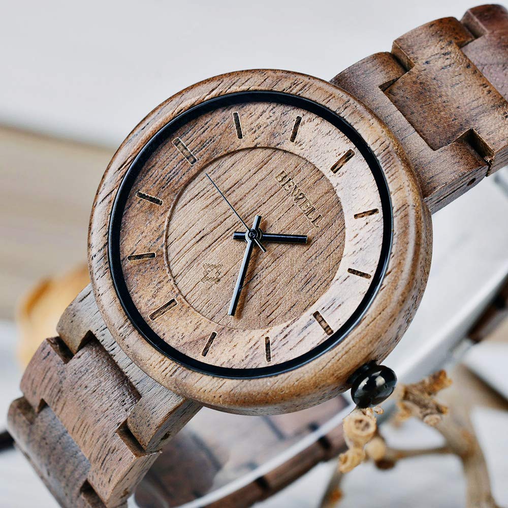 BEWELL Handmade Lightweight Wooden Watches for Women - Adjustable Wood Band Quartz Wristwatch - Perfect for Casual, Office & Outdoor Activities