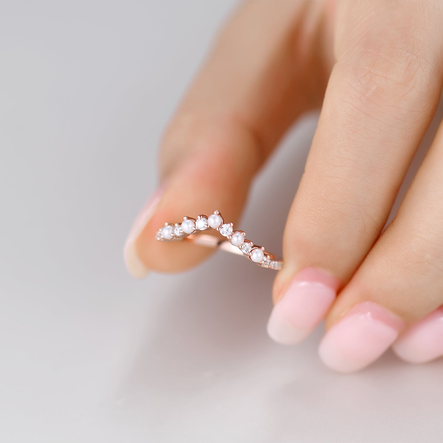 14K Rose Gold Petite V-Shaped Pearl & Diamond Stacking Ring for Women - Elegant Curve Band for Layering, Stacking, and Everyday Wear