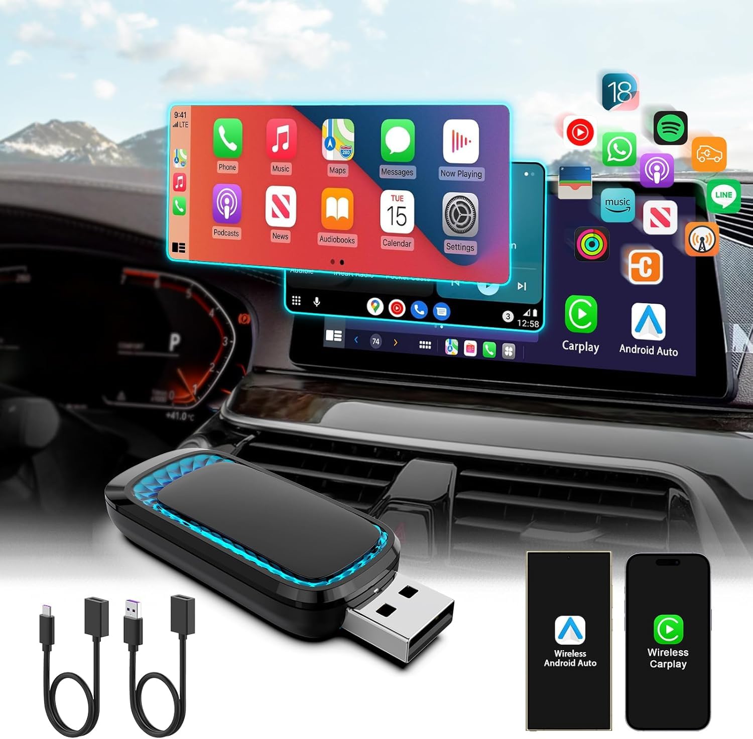 Quanlex Wireless CarPlay Adapter & Android Auto Wireless Adapter 2024 - 7-Color Ambient Light, Fast Connection for iOS 10+/Android 11+ (iPhone/Android Phones) - Perfect for Commuting, Road Trips & Hands-Free Driving