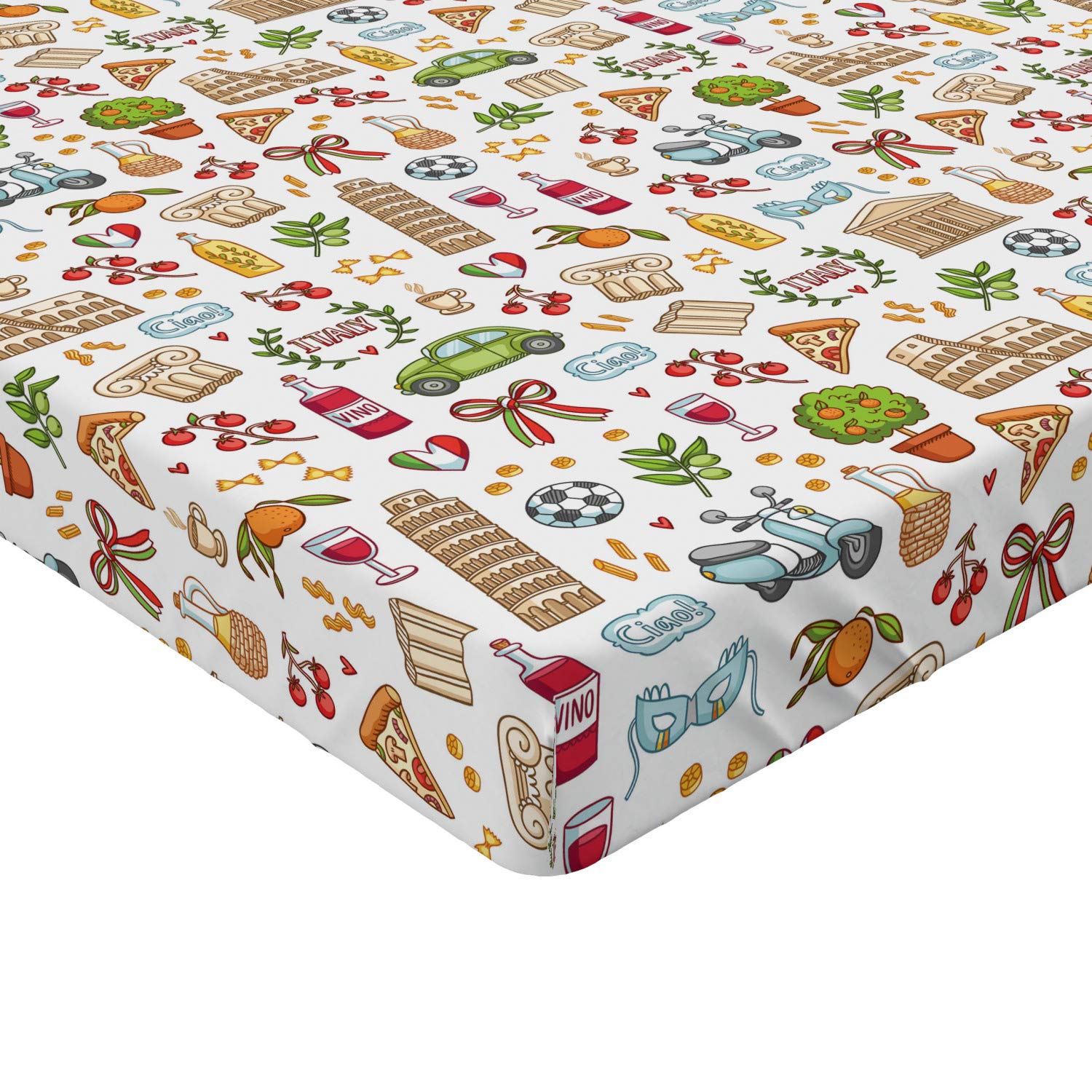Lunarable King Size Fitted Sheet - Italian Landmarks Print (Leaning Tower of Pisa, Pizza Pasta) - Deep Pocket Elastic Bed Cover for Mattress - Perfect for Travel, Home Decor & European-Themed Bedrooms