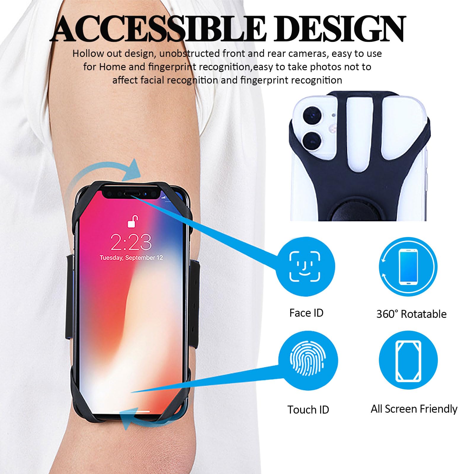 360° Rotating Detachable Sports Armband Phone Holder for Running, Cycling & Gym - Compatible with iPhone 15 14 13 12 11 Pro Max XS XR X Plus & Galaxy S24 Ultra - Secure Workout Wristband (Black) | Perfect for Jogging, Weight Training & Outdoor Activities