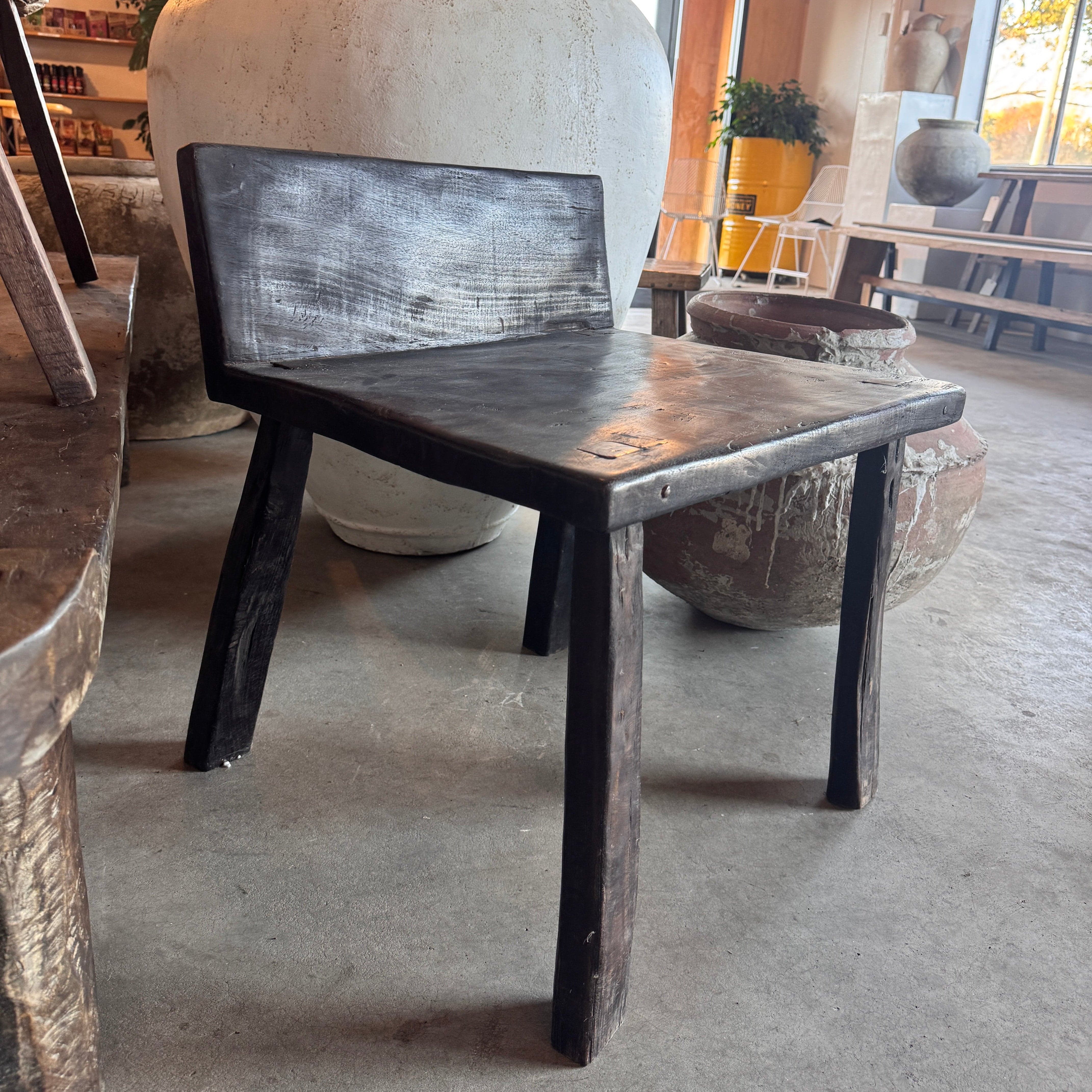 Handcrafted Black Teak Wood Primitive Chair - Rustic Outdoor & Indoor Seating for Patio, Garden, or Farmhouse Decor