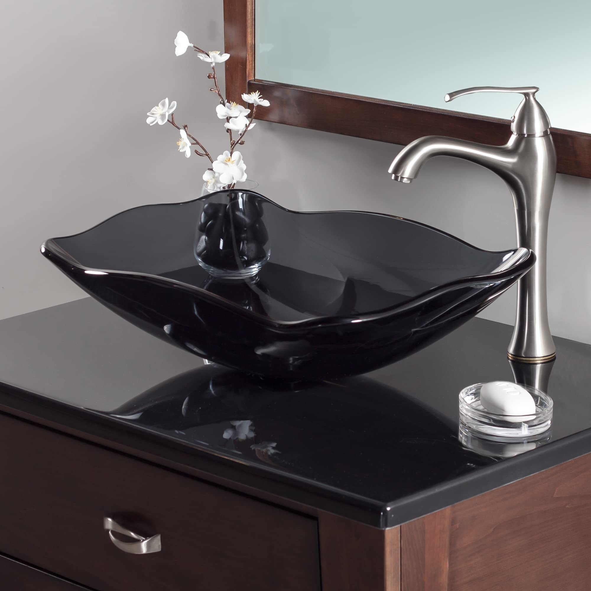 Novatto TIS-317G Rectangular Glass Vessel Bathroom Sink - Clear Black Finish - Modern Above Counter Basin for Bathroom Vanity, Powder Room & Master Bath Decor