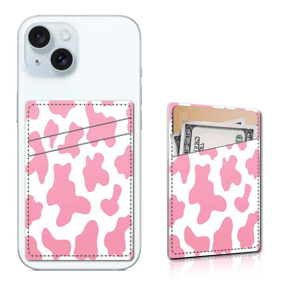 Leather Card Holder for Phone Case - Wallet Sleeve with Dual Pockets for Credit Cards & ID - Stick-on Design Fits Most Smartphones - Pink Cow Print - Perfect for Hands-Free Shopping & Travel Convenience