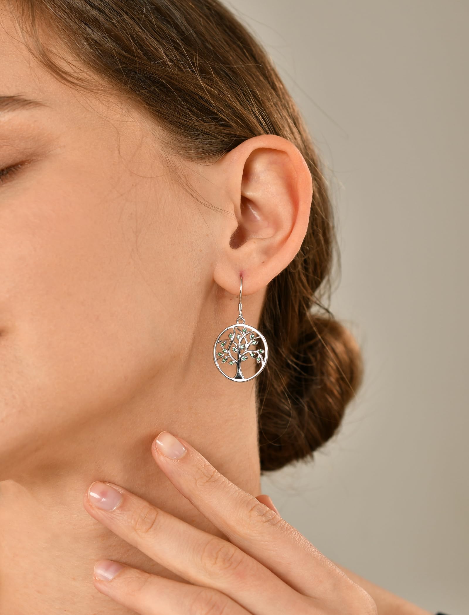 YL Sterling Silver Tree of Life Earrings with Round Birthstone - Dangle Drop Hook Jewelry for Women | Perfect for Everyday Wear, Gift Giving & Boho Fashion