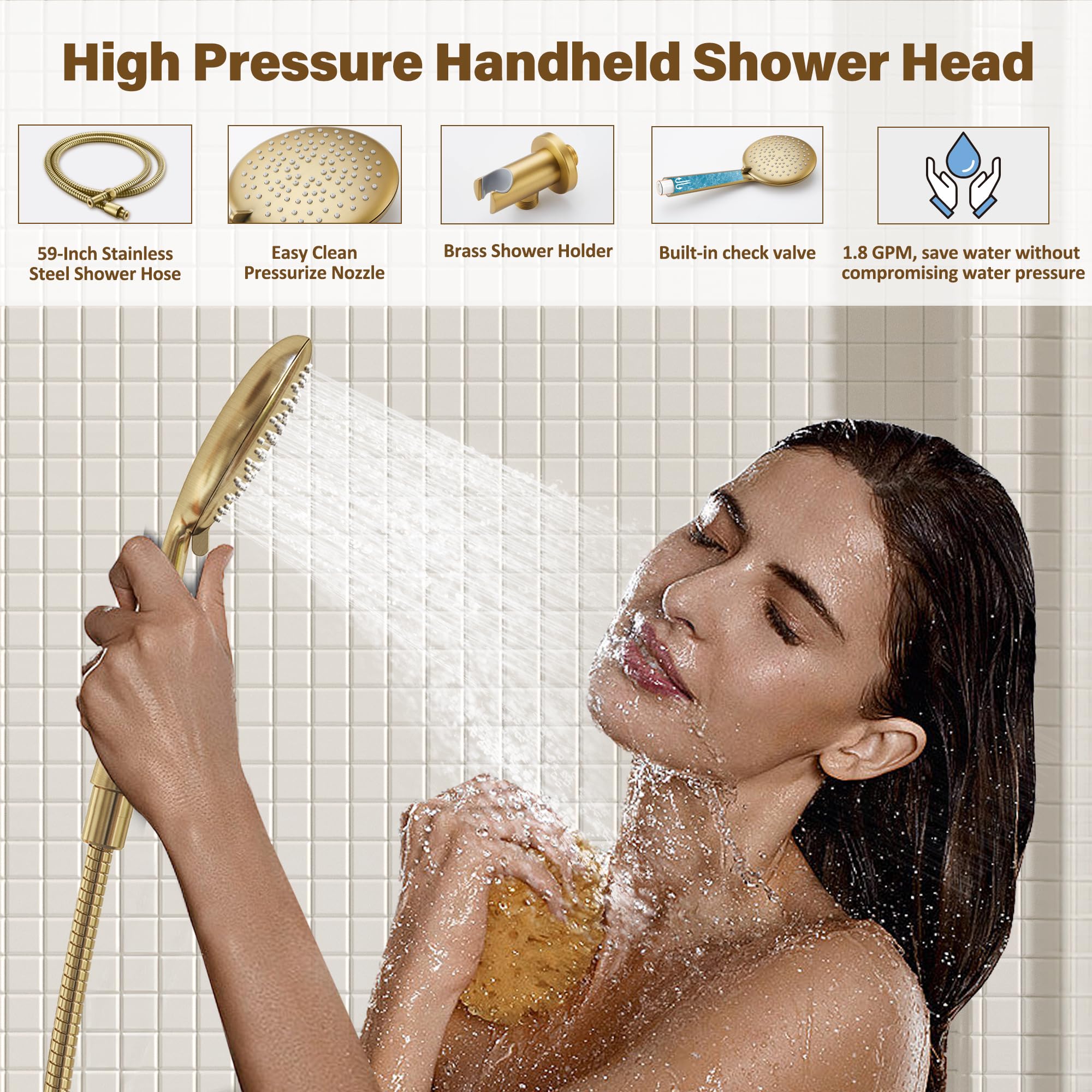 Premium Gold Shower System - 10 Inch Rainfall Shower Head with 5-Setting Handheld Sprayer | Pressure Balance Valve | Brushed Gold Finish | High Pressure Shower Fixtures for Luxurious Bathroom Upgrade
