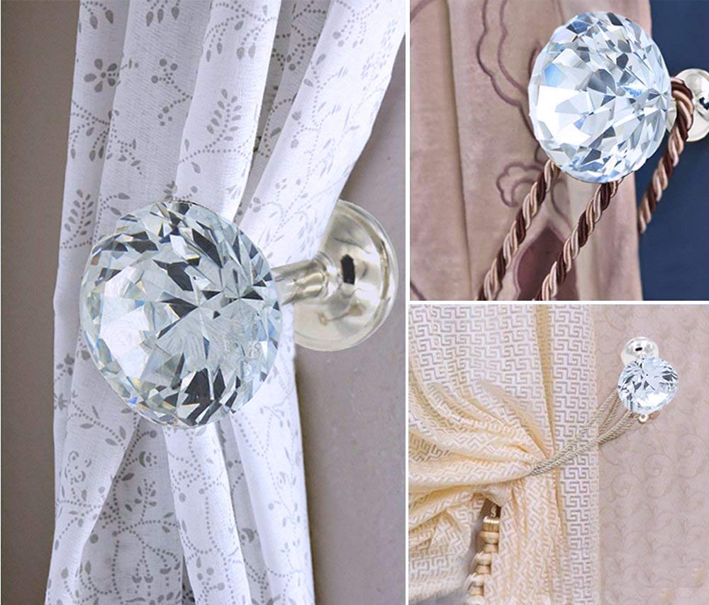 2 Pack Clear Crystal Diamond Goblet Shaped Curtain Tiebacks - Drapery Holdbacks, Wall Hooks & Tassel Holders for Windows, Room Decor (Perfect for Living Room, Bedroom & Wedding Decorations)