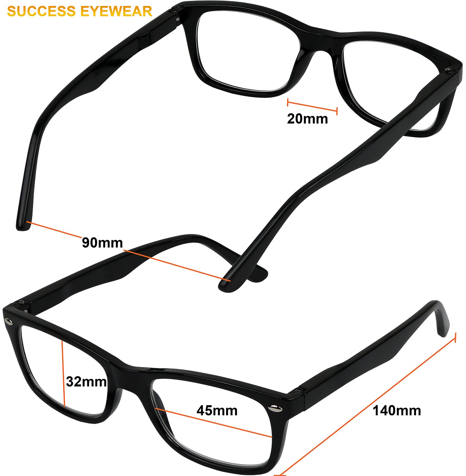 Success Eyewear Reading Glasses Set of 4 - Black Spring Hinge Readers for Men & Women | Perfect for Home, Office & Travel Reading