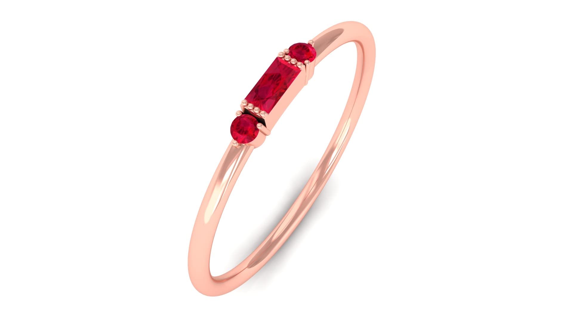 14K Solid Gold Created Ruby Minimal Ring for Women - Baguette & Round Cut Stackable Promise Ring | Elegant Jewelry for Engagement, Anniversary & Everyday Wear