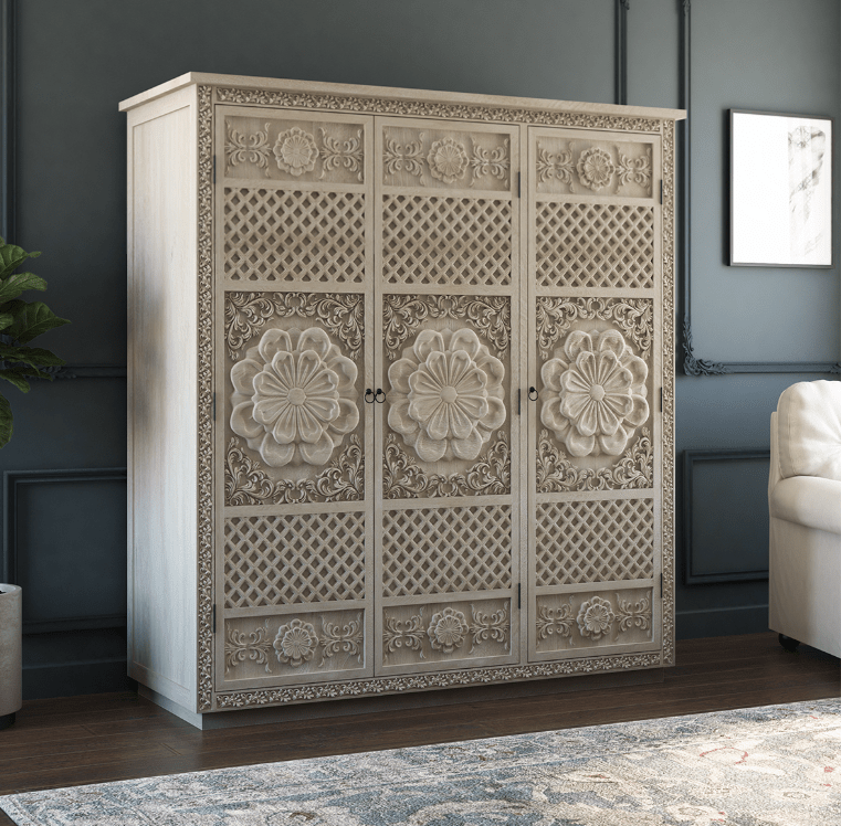 Hand Carved White Three Door Sunflower Design Armoire - Solid Wood Wardrobe for Bedroom Storage & Organization - Perfect for Master Bedroom, Guest Room & Closet Organization
